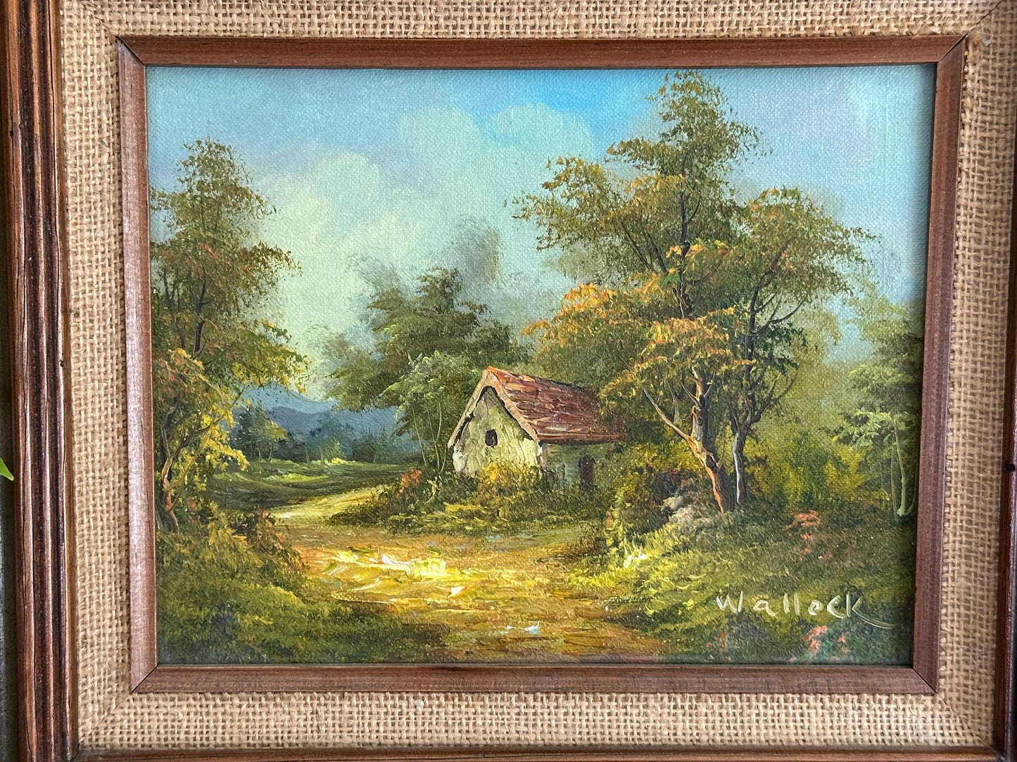 Vintage English Landscape Oil Painting - Framed Cottage in Woods by Wallock, Original Art