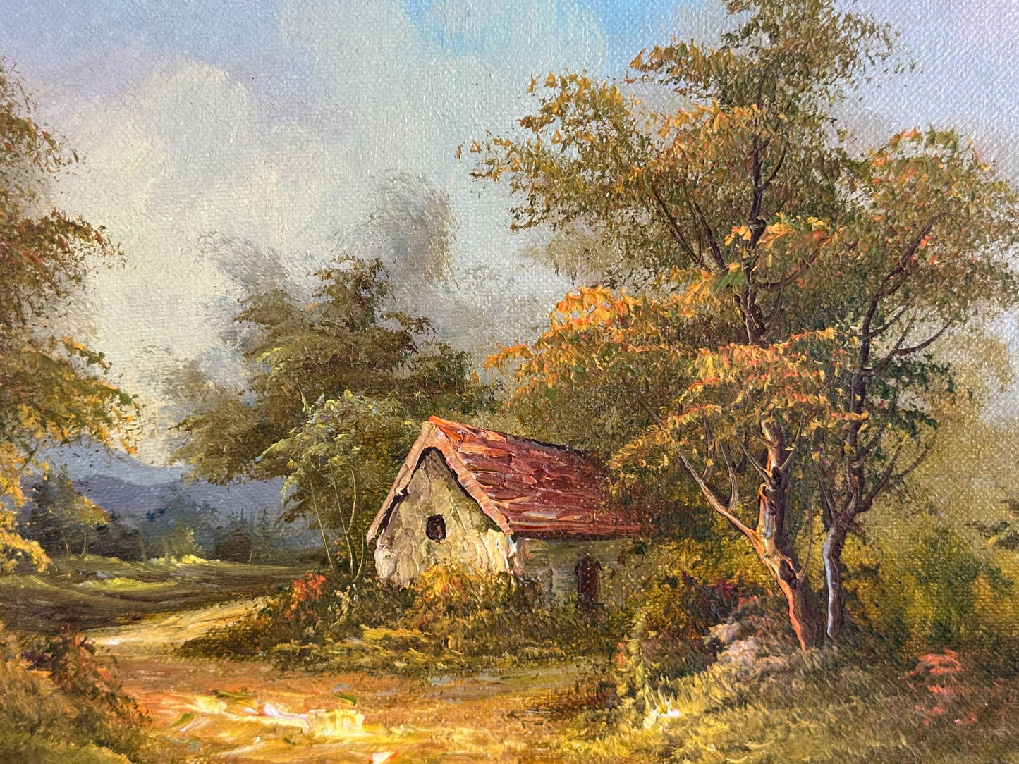 Vintage English Landscape Oil Painting - Framed Cottage in Woods by Wallock, Original Art