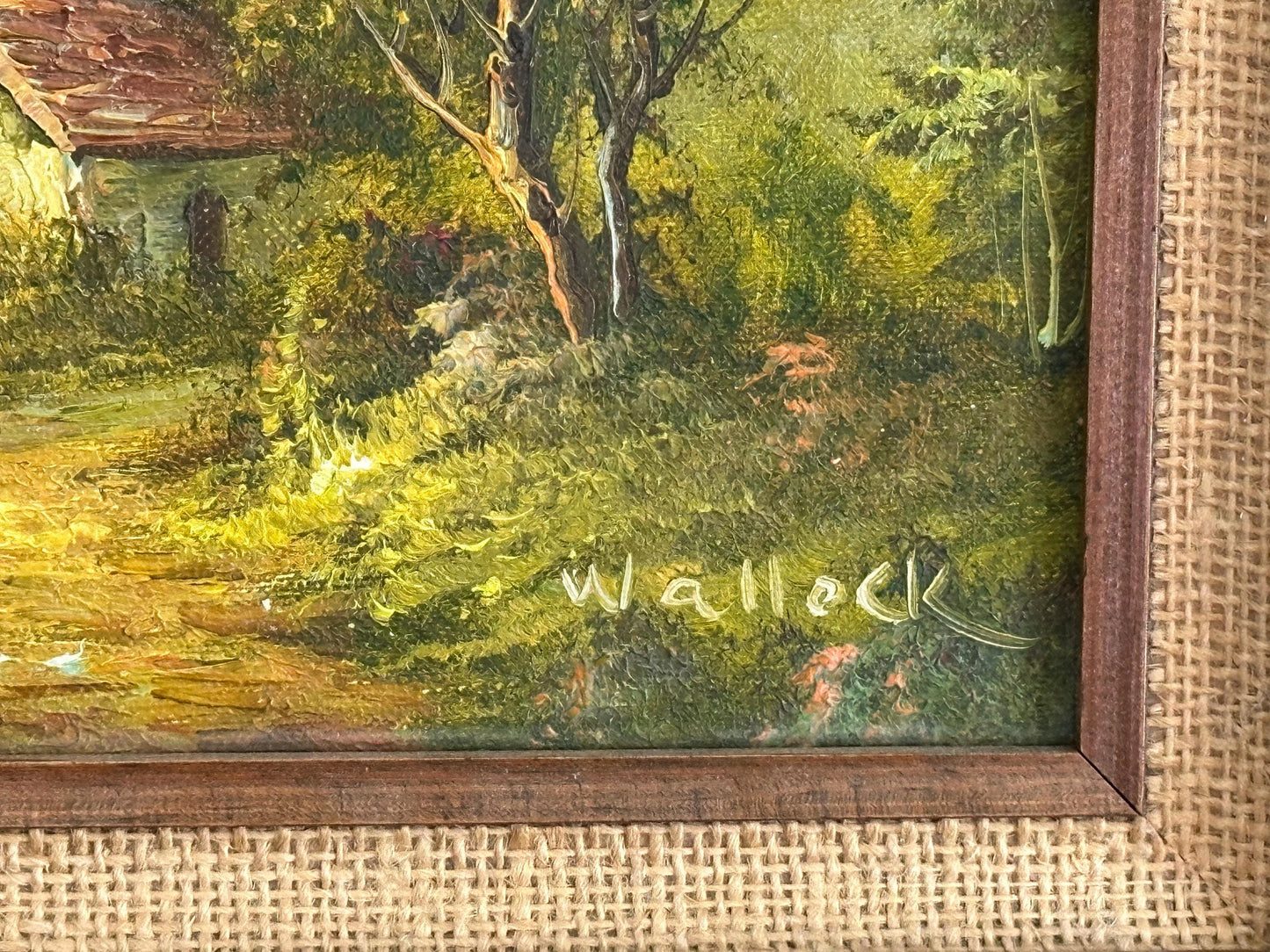 Vintage English Landscape Oil Painting - Framed Cottage in Woods by Wallock, Original Art