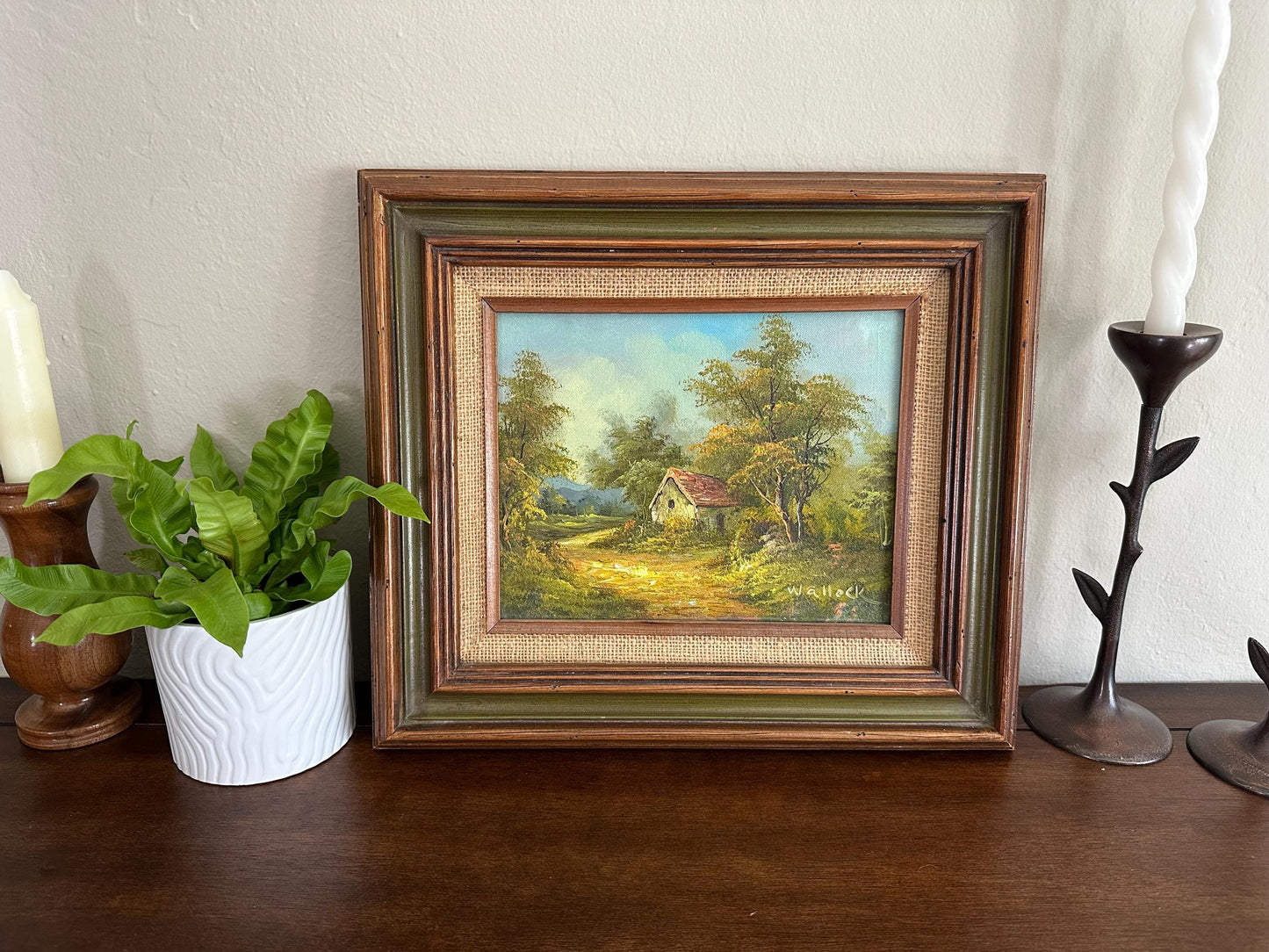 Vintage English Landscape Oil Painting - Framed Cottage in Woods by Wallock, Original Art