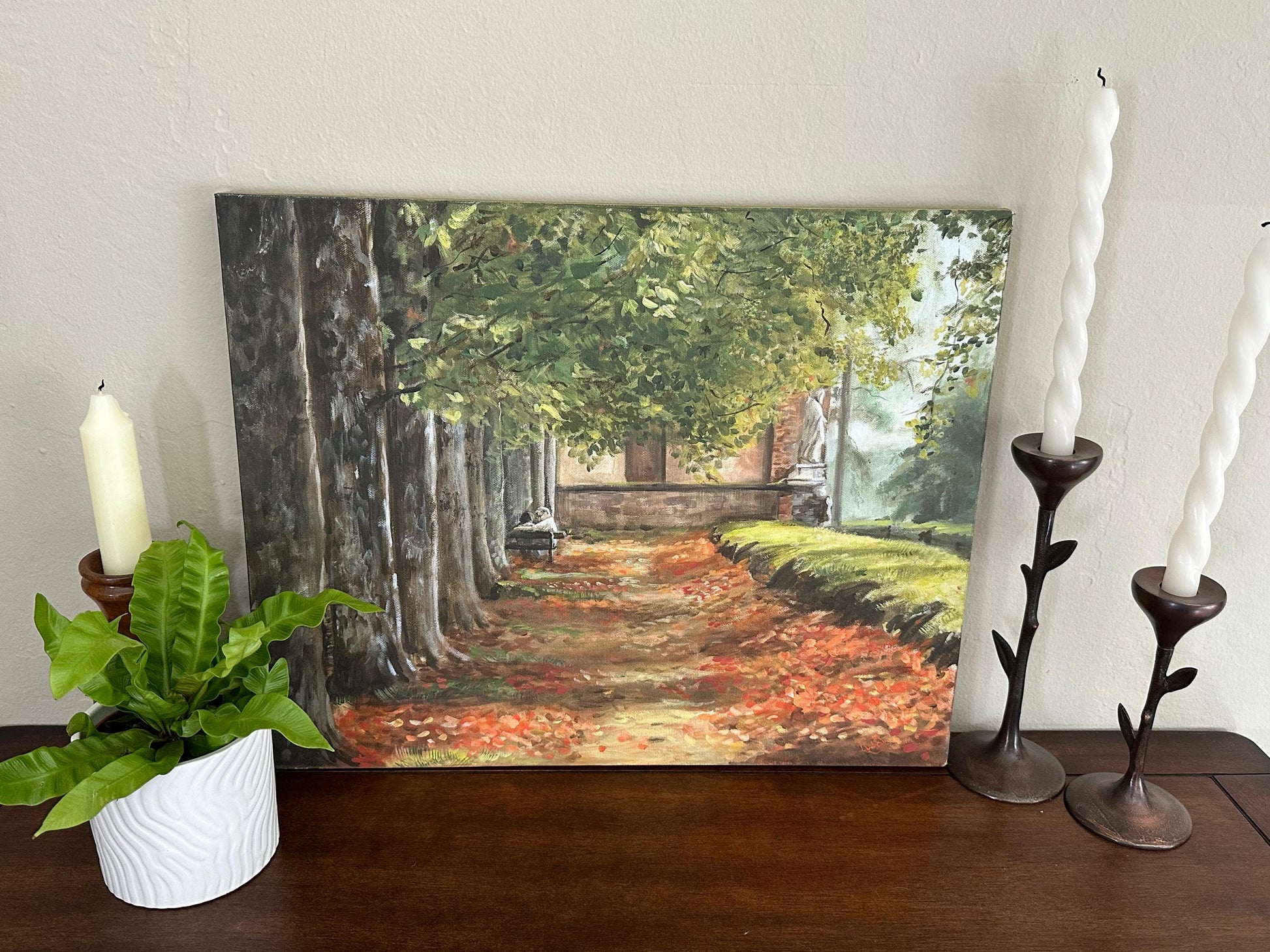 Tranquil Autumn Woodland Scene: Original Impressionist Landscape Painting with Couple on Bench by Artist Lubov