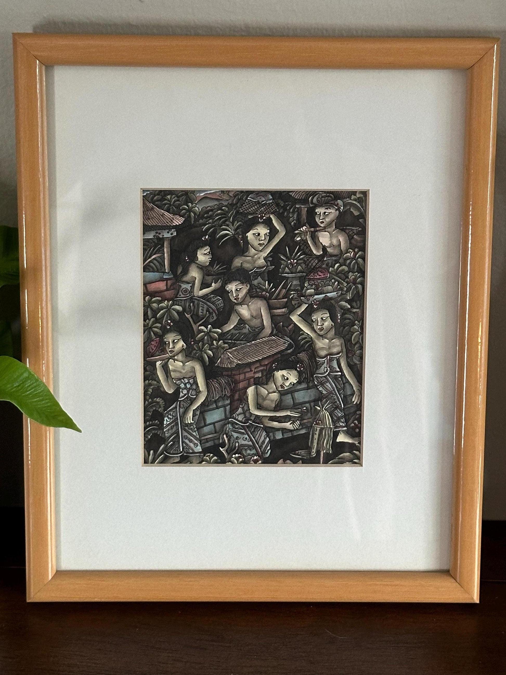 Framed Balinese Art Print: Riverside Village Scene with Working Women - Traditional Culture Wall Decor