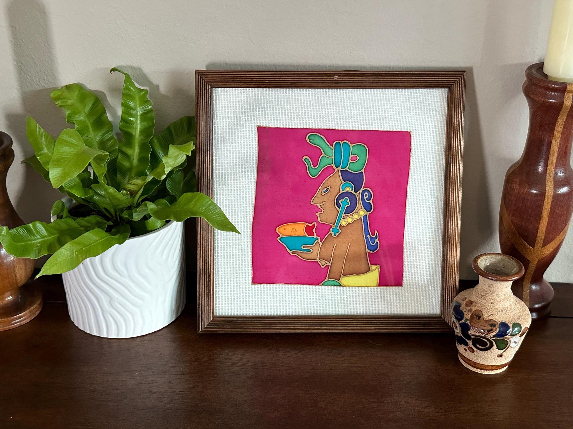 Vibrant Framed Aztec Maize God Drawing - Handmade Mexican Artwork - Colorful Indigenous Wall Decor
