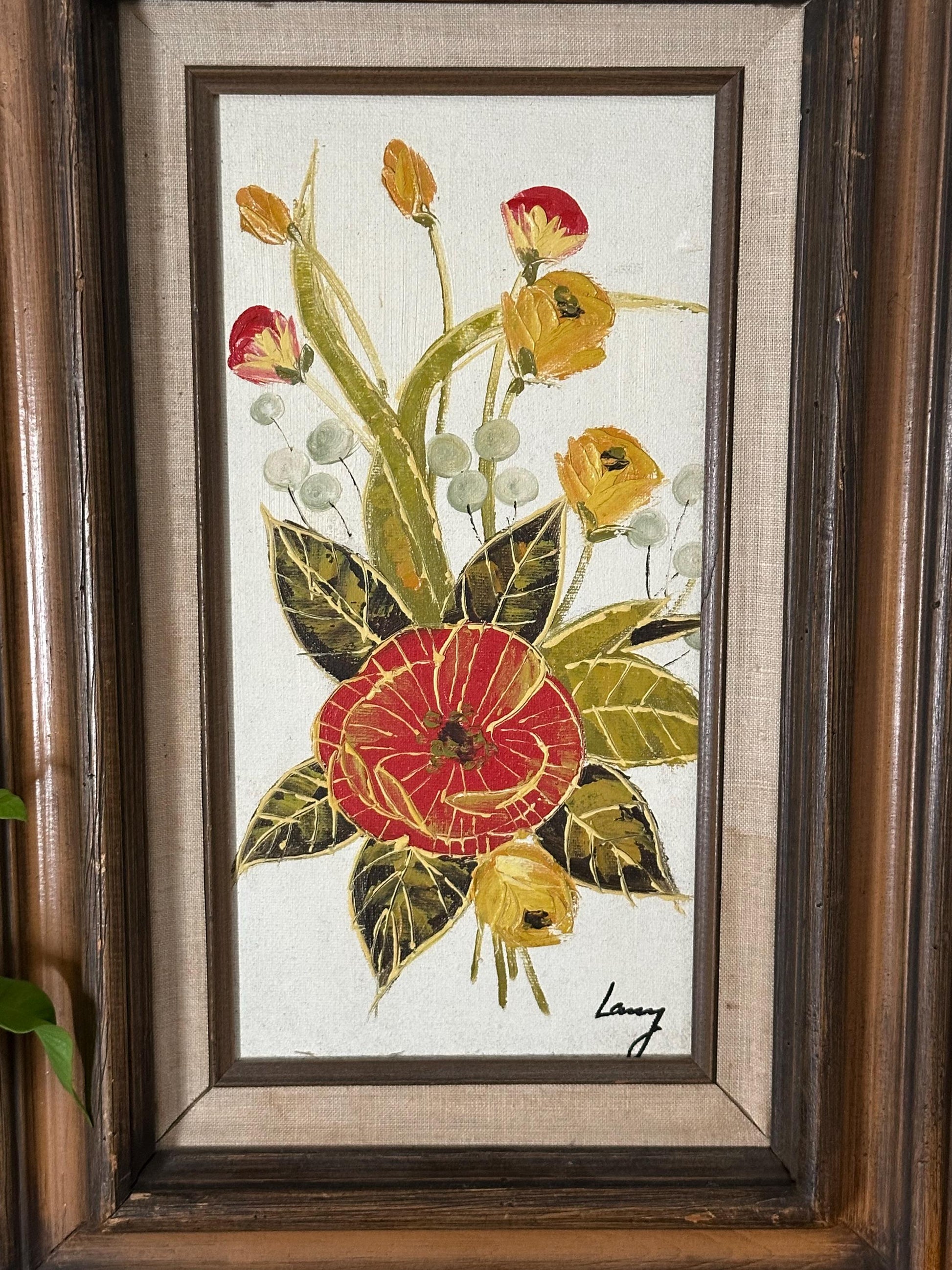 Vibrant Floral Oil Painting in Ornate Carved Frame by Mexican Artist Lanny - Signed Original Artwork