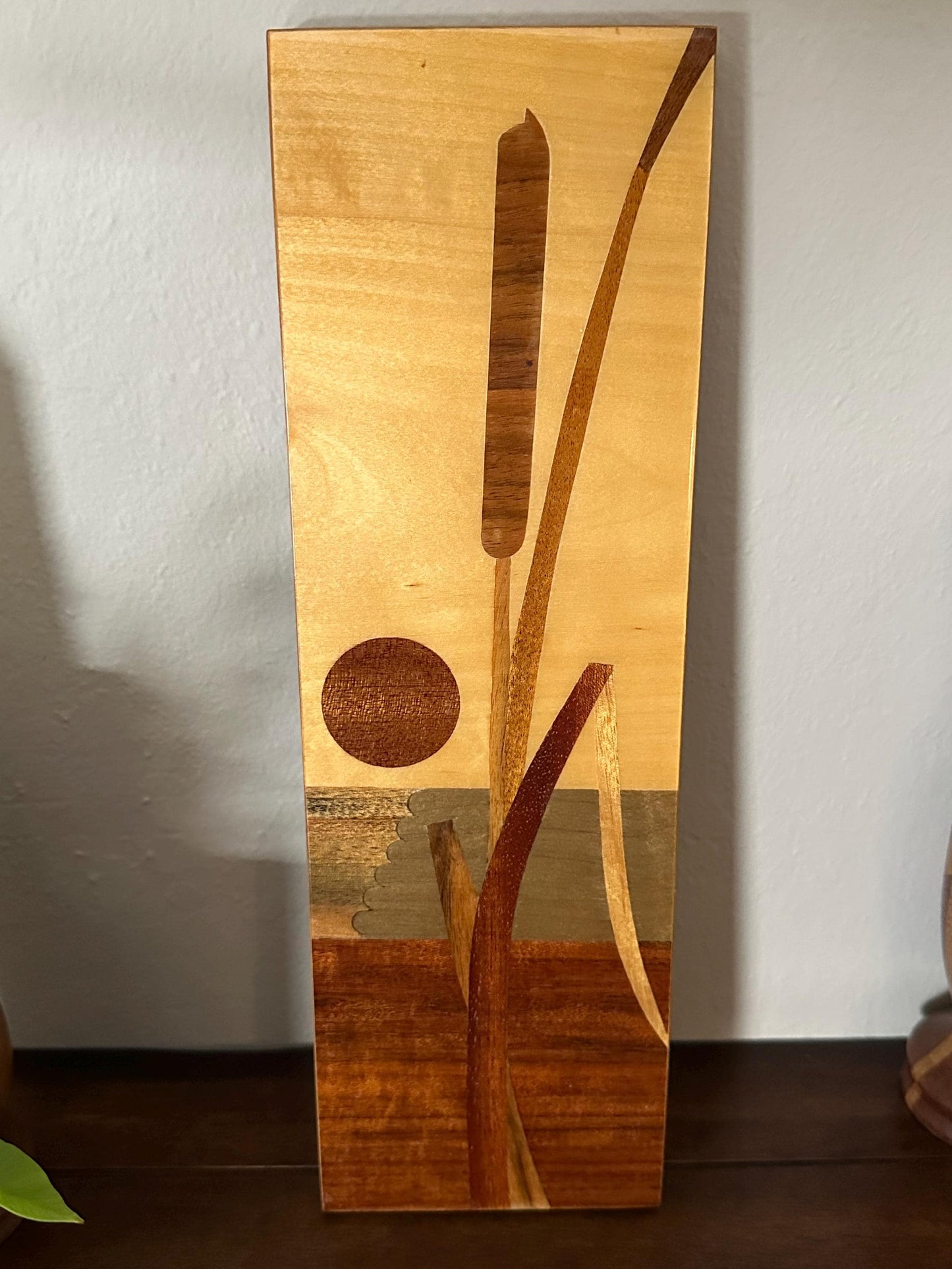 Vintage 1970s USSR Wooden Wall Plaque: Carved Inlaid Cattail Plant with Rising Sun Decor