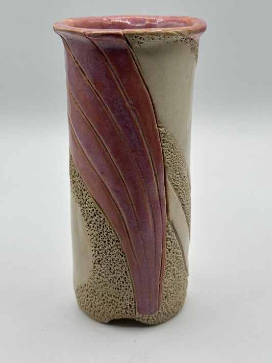 Artisanal Textured Beige & Rose Pink Abstract Studio Pottery Vase - Signed Handmade Ceramic Piece