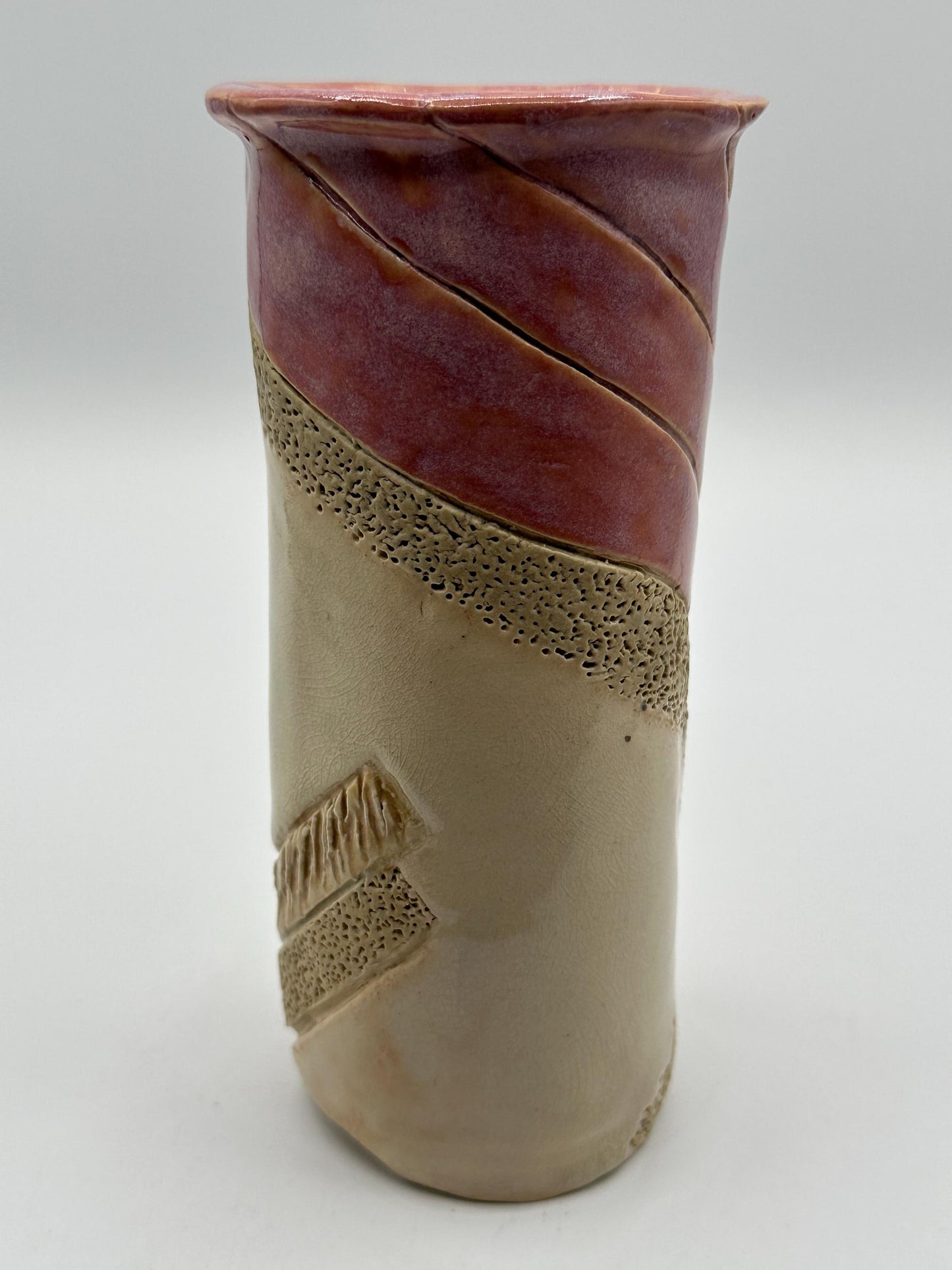 Artisanal Textured Beige & Rose Pink Abstract Studio Pottery Vase - Signed Handmade Ceramic Piece