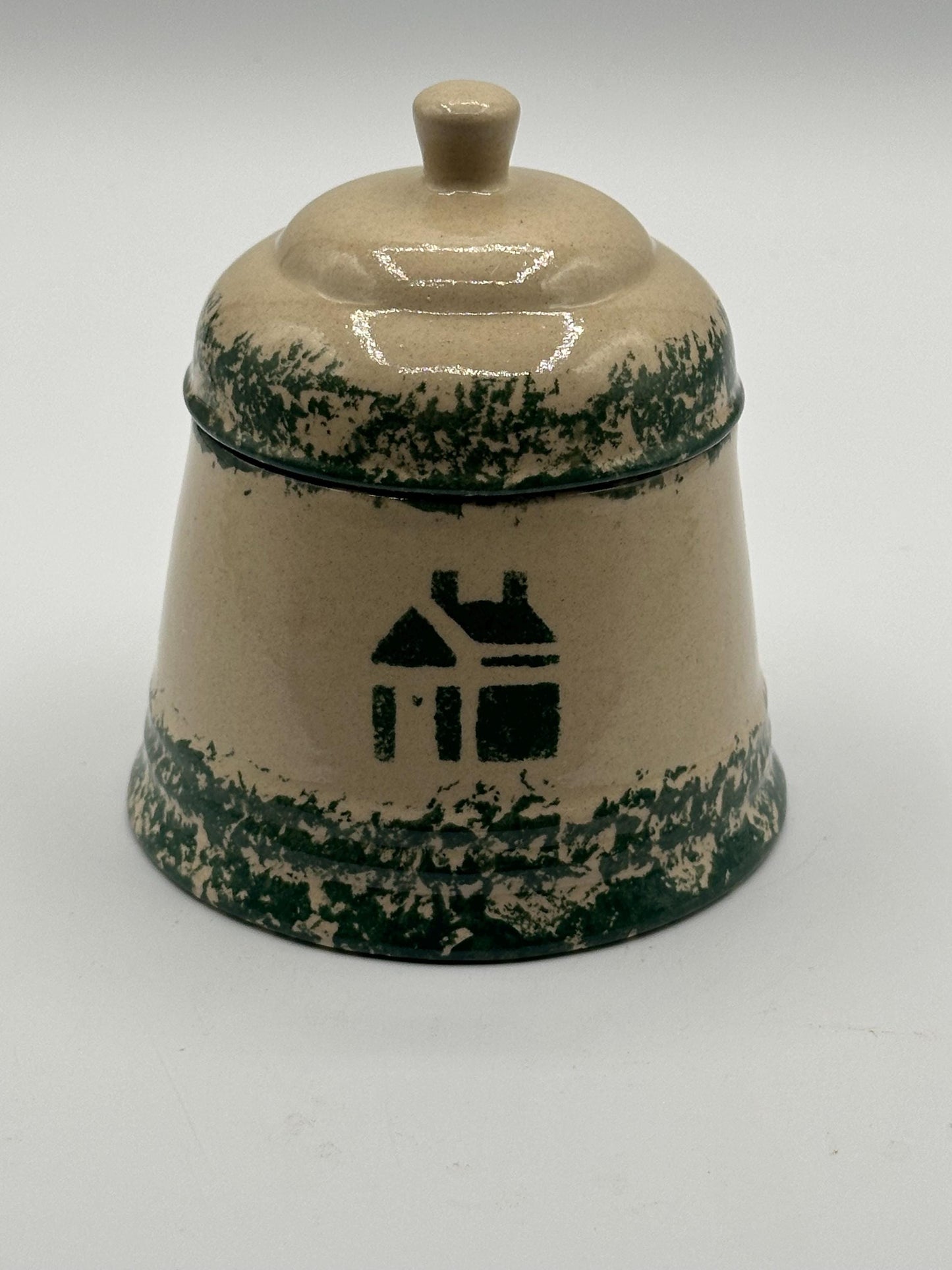 Vintage-Inspired Green Spongeware Pottery Canister with Cottage Design and Lid for Kitchen Storage