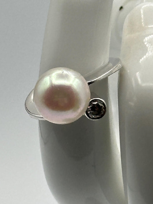 Elegant Pearl and Cubic Zirconia Sterling Silver Ring - Dainty Bridal Jewelry Gift