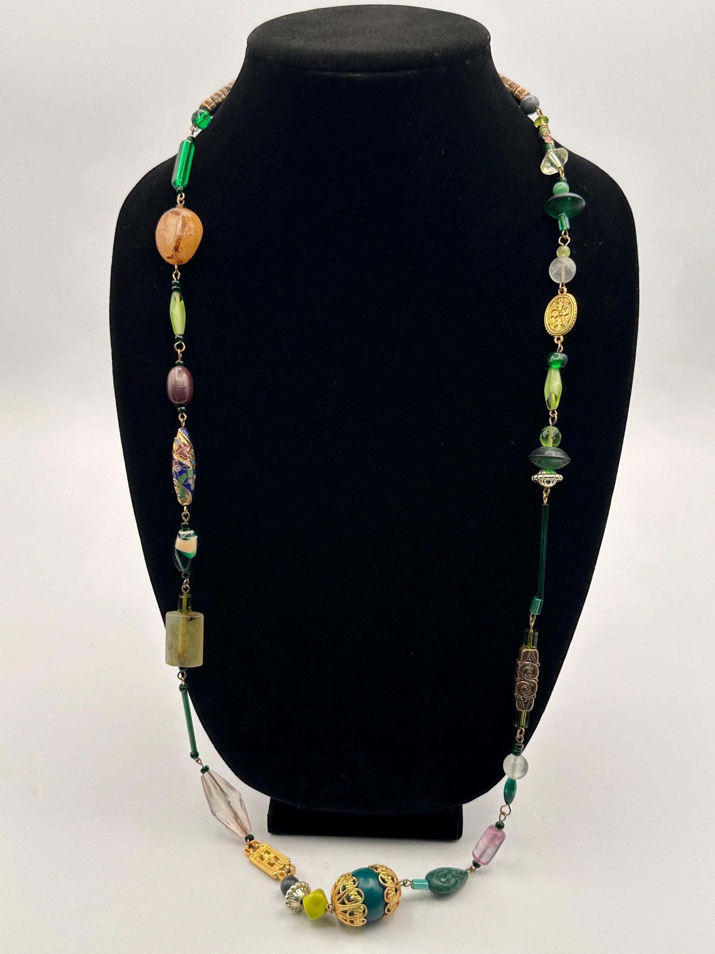 Vintage Linked Necklace: Metal & Glass Beads in Green, Gold, and Pink - Retro Jewelry Statement Piece