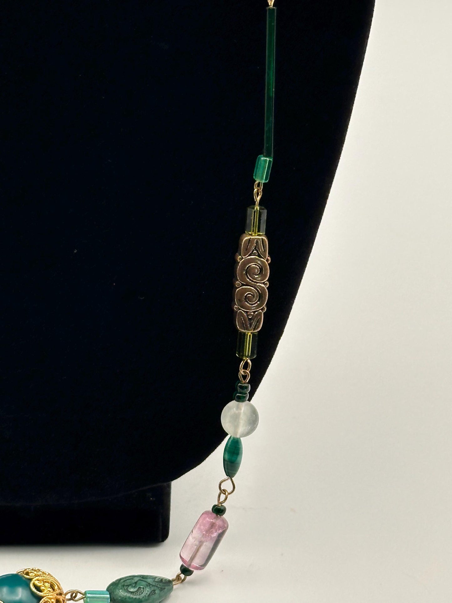 Vintage Linked Necklace: Metal & Glass Beads in Green, Gold, and Pink - Retro Jewelry Statement Piece