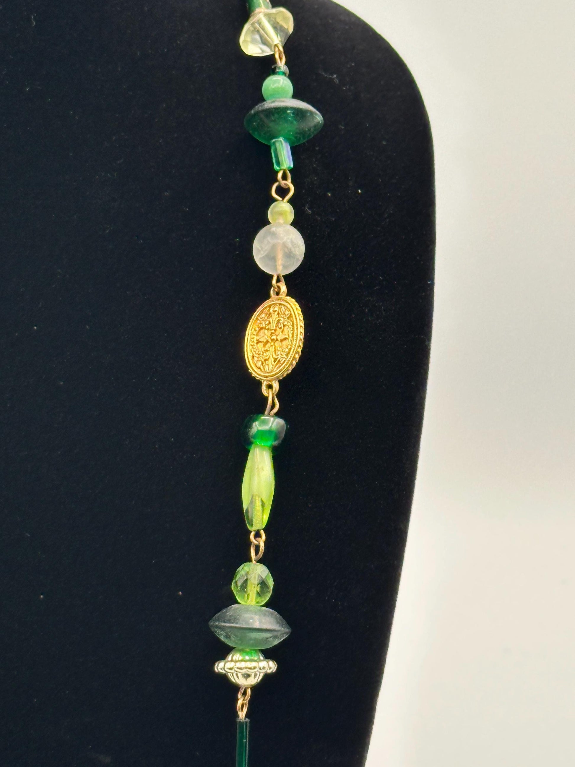 Vintage Linked Necklace: Metal & Glass Beads in Green, Gold, and Pink - Retro Jewelry Statement Piece