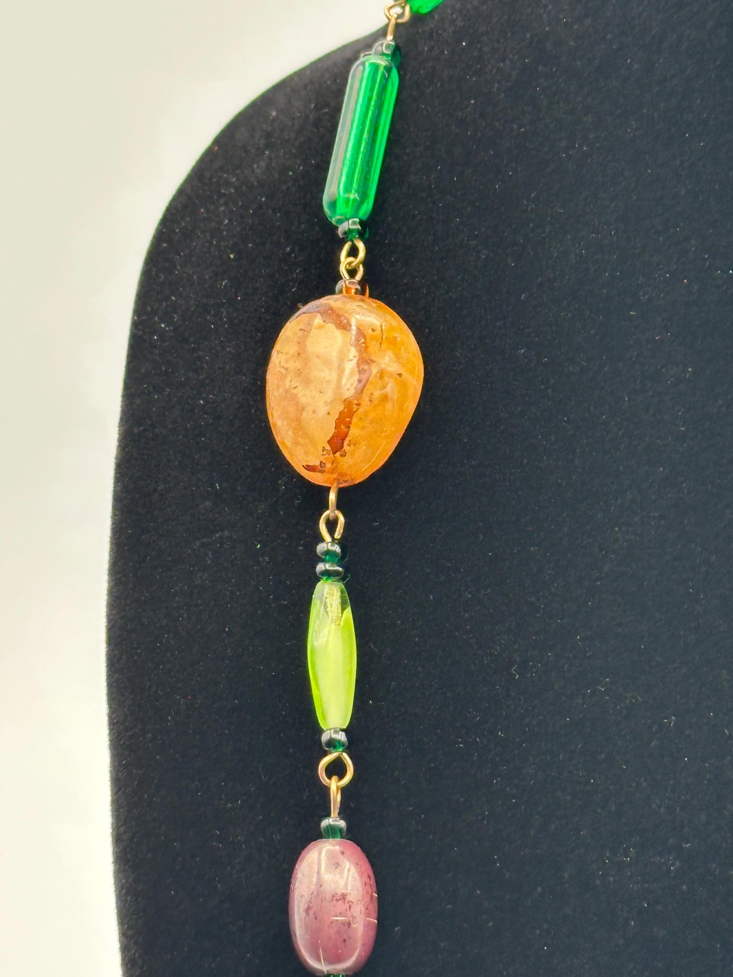 Vintage Linked Necklace: Metal & Glass Beads in Green, Gold, and Pink - Retro Jewelry Statement Piece