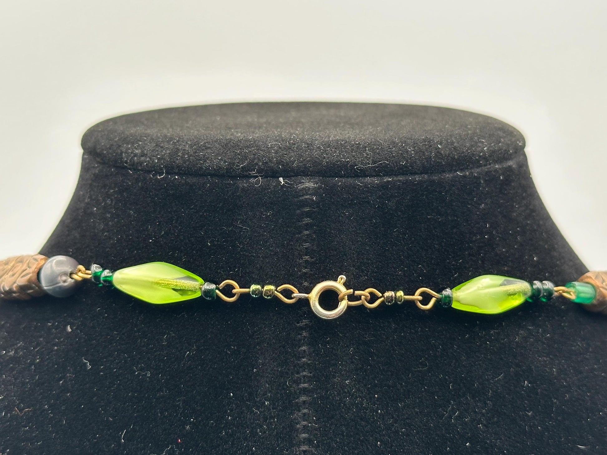Vintage Linked Necklace: Metal & Glass Beads in Green, Gold, and Pink - Retro Jewelry Statement Piece