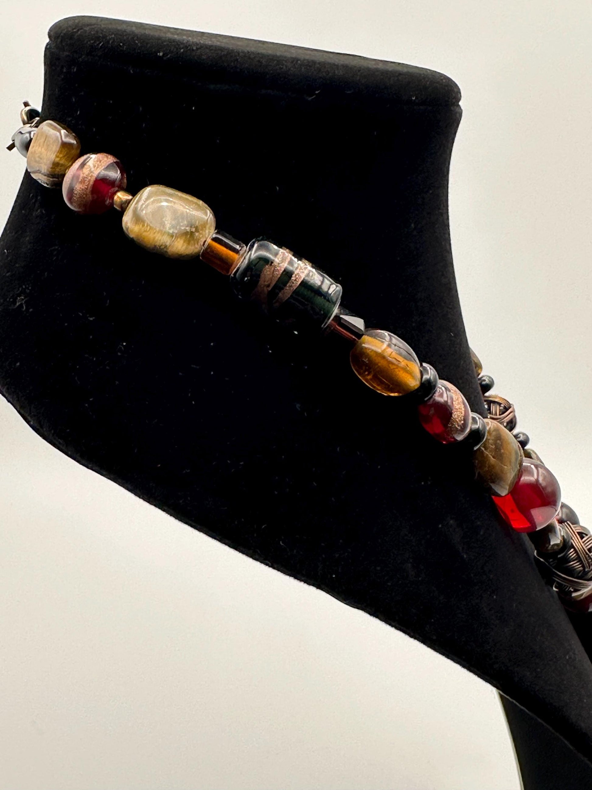 Vintage Murano-Style Glass Bead Necklace: Swirl Leaf Pendant in Amber, Red & Black - Artisan Bohemian Jewelry