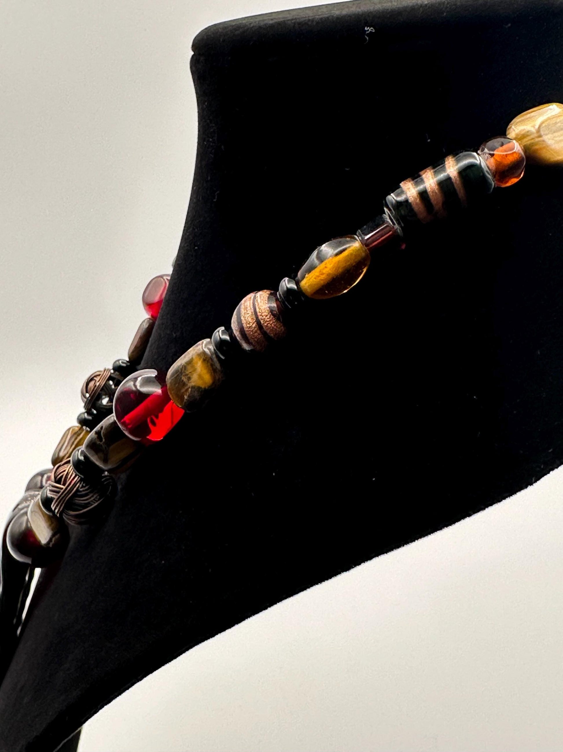 Vintage Murano-Style Glass Bead Necklace: Swirl Leaf Pendant in Amber, Red & Black - Artisan Bohemian Jewelry