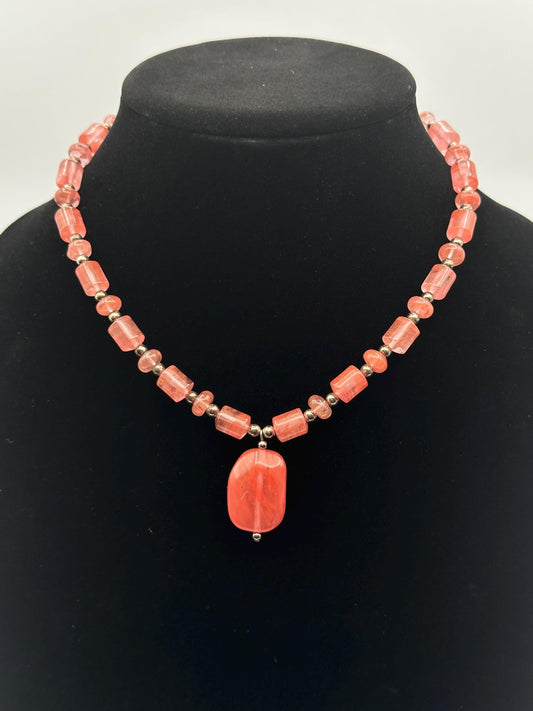 Vintage Coral Quartz and Sterling Silver Statement Necklace - Handmade Pendant Beaded Jewelry for Elegant Occasions