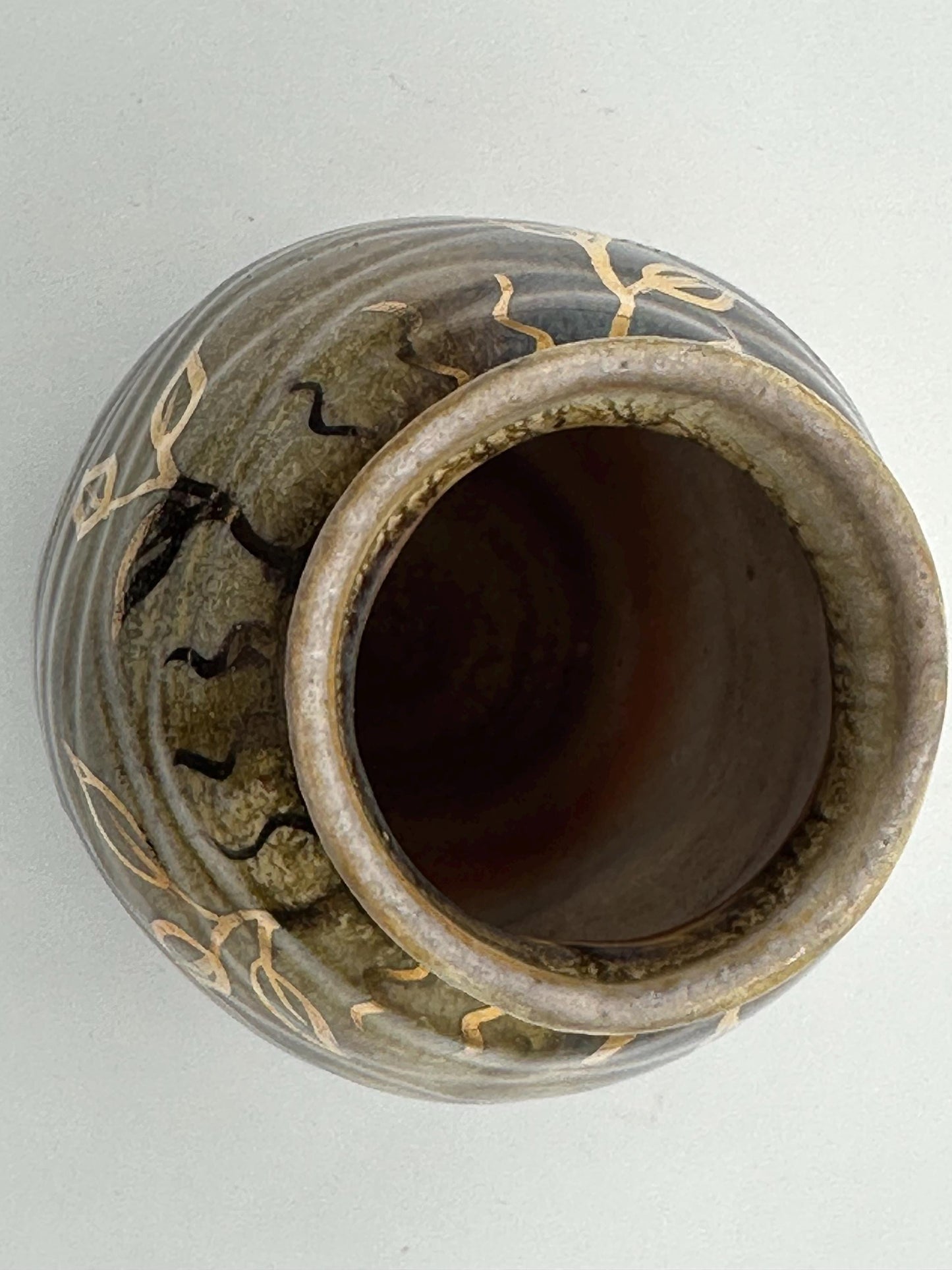 Handcrafted Studio Pottery Vase with Brown, Blue, Cream, and Gold Leaf Design