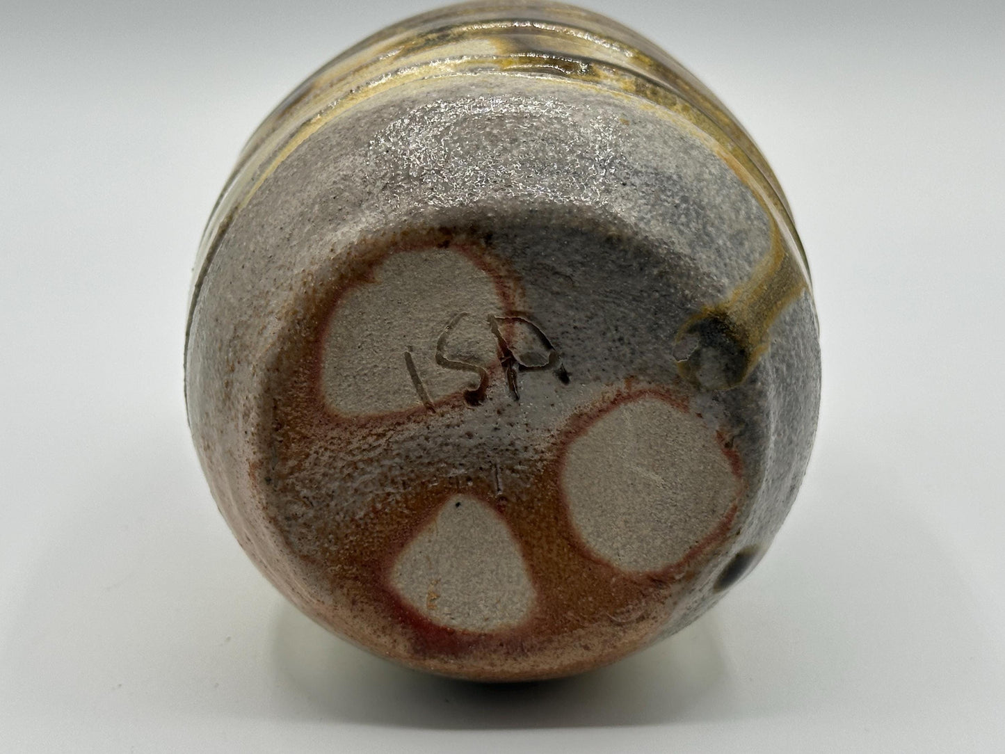 Handcrafted Studio Pottery Vase with Brown, Blue, Cream, and Gold Leaf Design