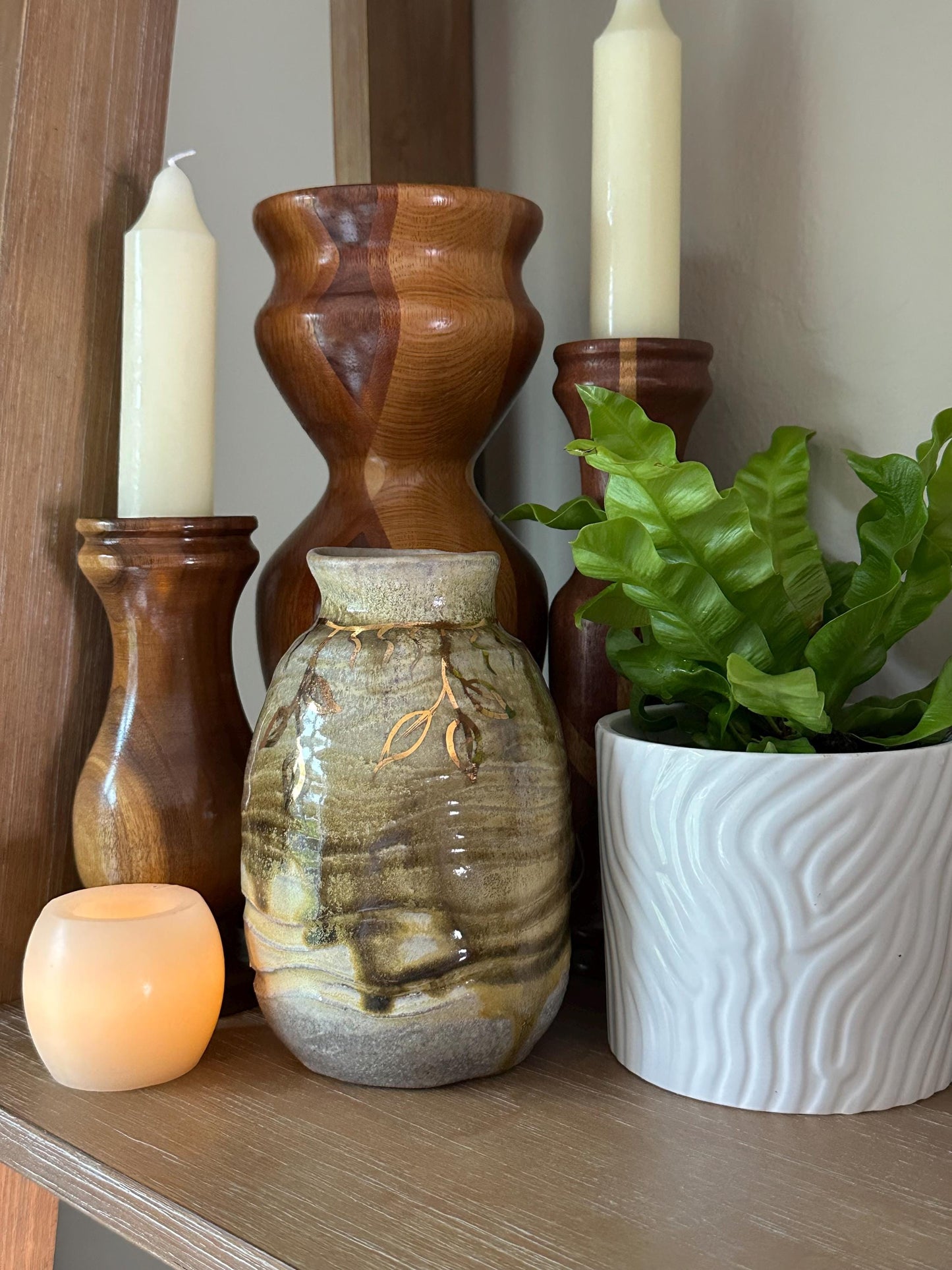 Handcrafted Studio Pottery Vase with Brown, Blue, Cream, and Gold Leaf Design