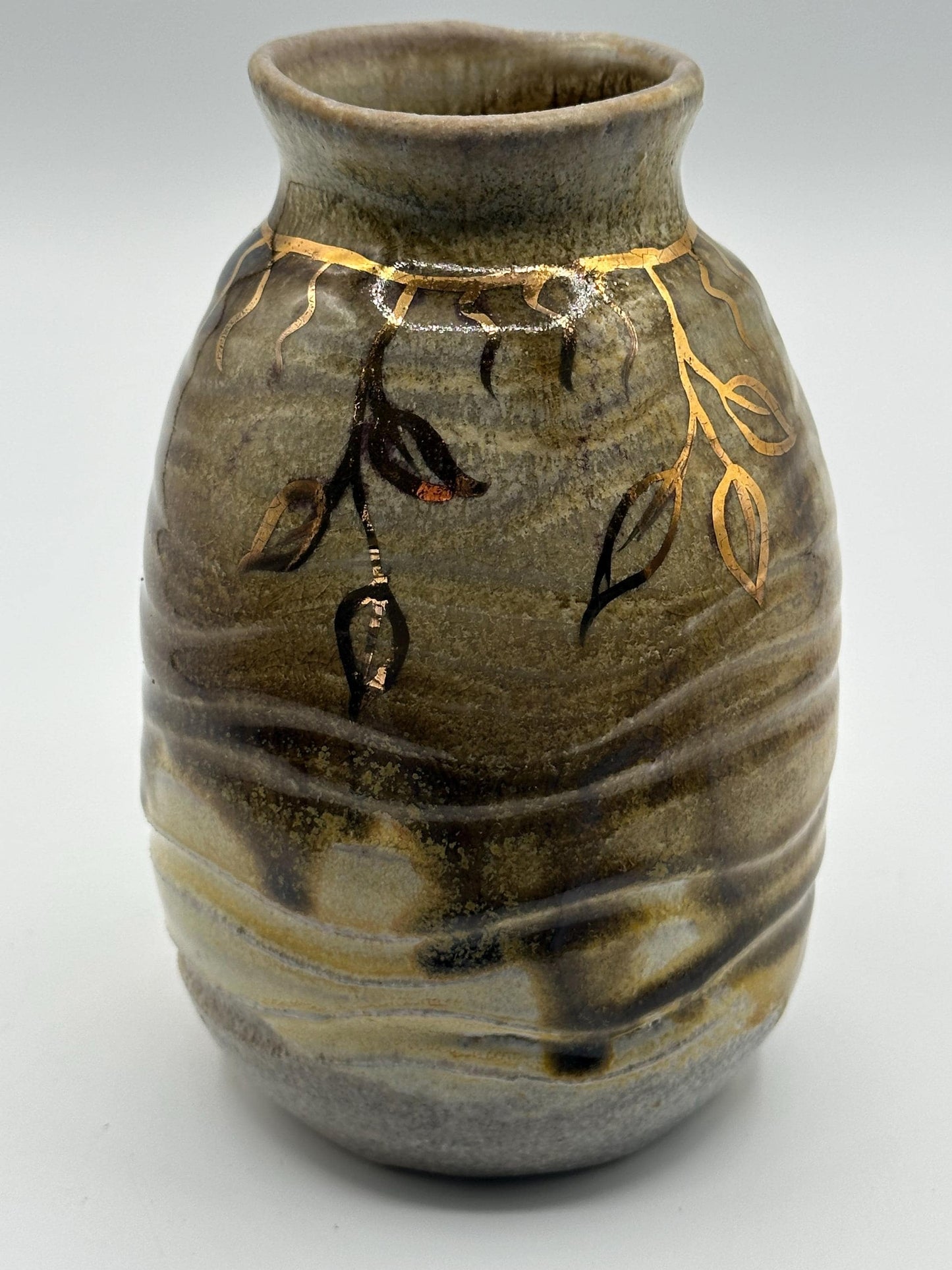Handcrafted Studio Pottery Vase with Brown, Blue, Cream, and Gold Leaf Design