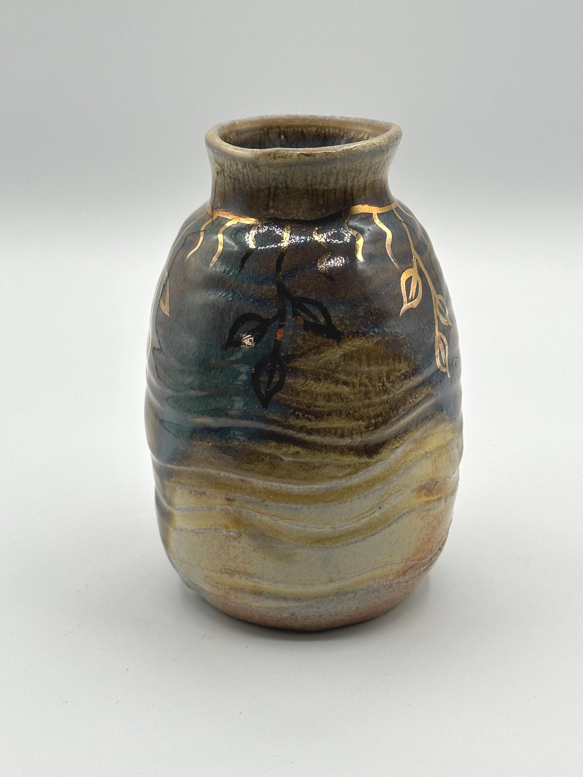 Handcrafted Studio Pottery Vase with Brown, Blue, Cream, and Gold Leaf Design