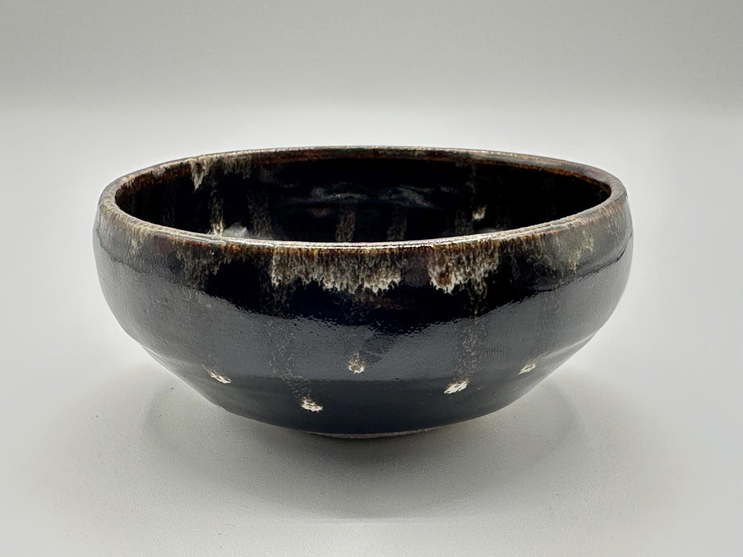 Handcrafted Japanese Ceramic Tea Bowl - Brown with White Drip Glaze - Artist Signed