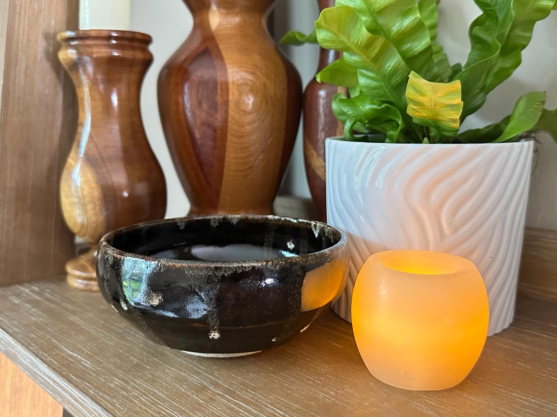 Handcrafted Japanese Ceramic Tea Bowl - Brown with White Drip Glaze - Artist Signed