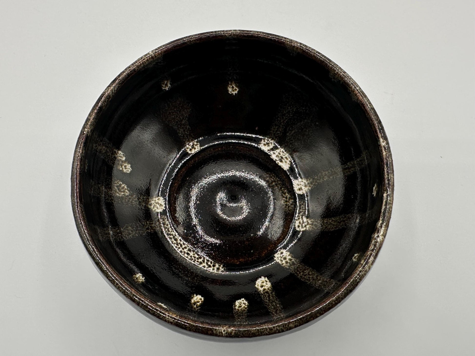 Handcrafted Japanese Ceramic Tea Bowl - Brown with White Drip Glaze - Artist Signed