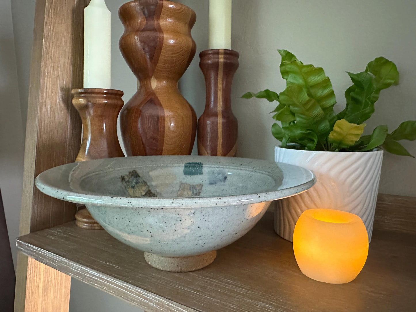 Artist-Signed Studio Pottery: Speckled Pedestal Bowl with Square Pattern - Handcrafted by Holt