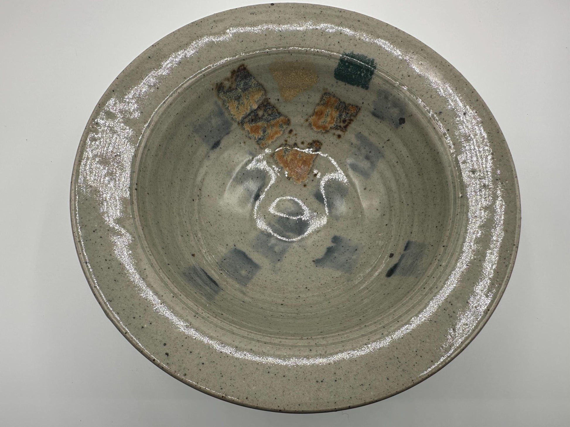 Artist-Signed Studio Pottery: Speckled Pedestal Bowl with Square Pattern - Handcrafted by Holt