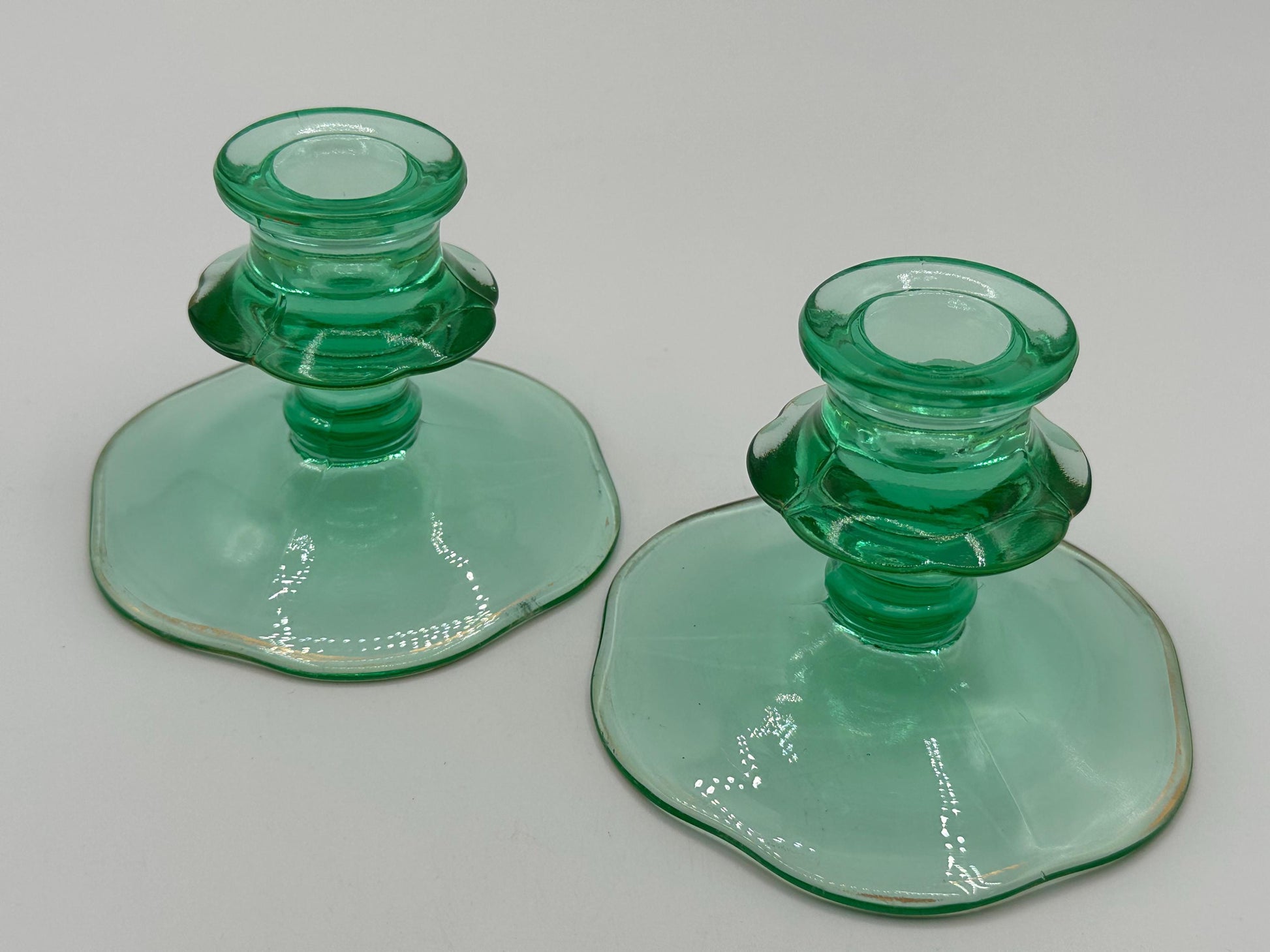 Antique Uranium Glass Candlestick Holders - Glowing Depression Era Decor for Collectors