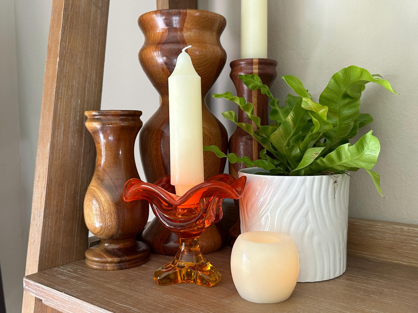 Vintage Viking Glass Persimmon Amberina Footed Candlestick Holder - Epic Collection Triple Taper