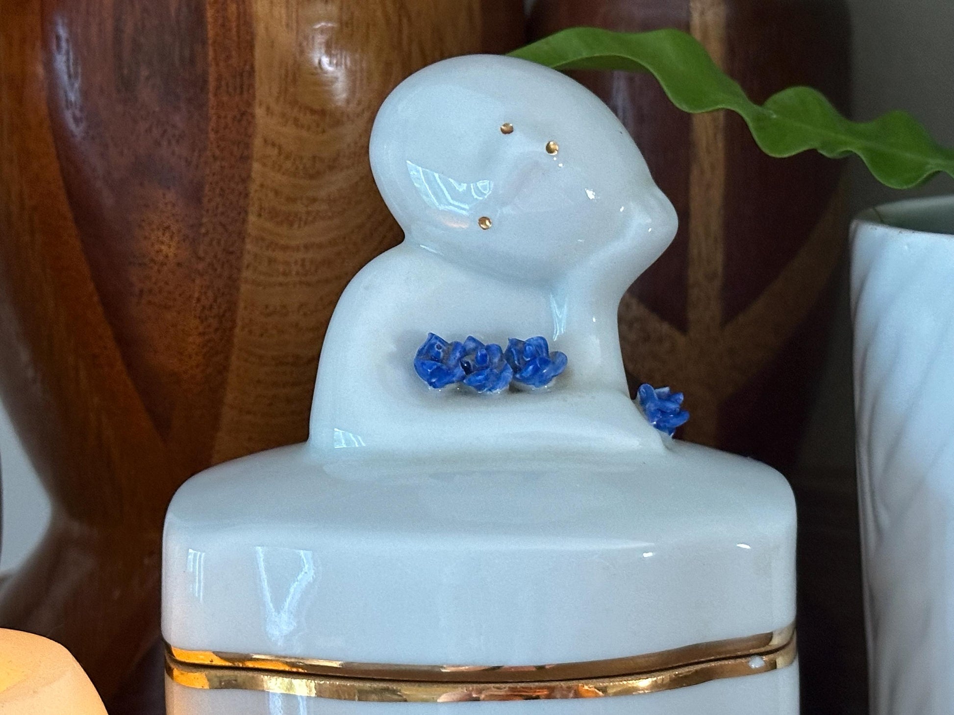 Vintage Royal Dux Bohemia Cobalt Blue & White Figurine Box - Antique Porcelain Trinket Container