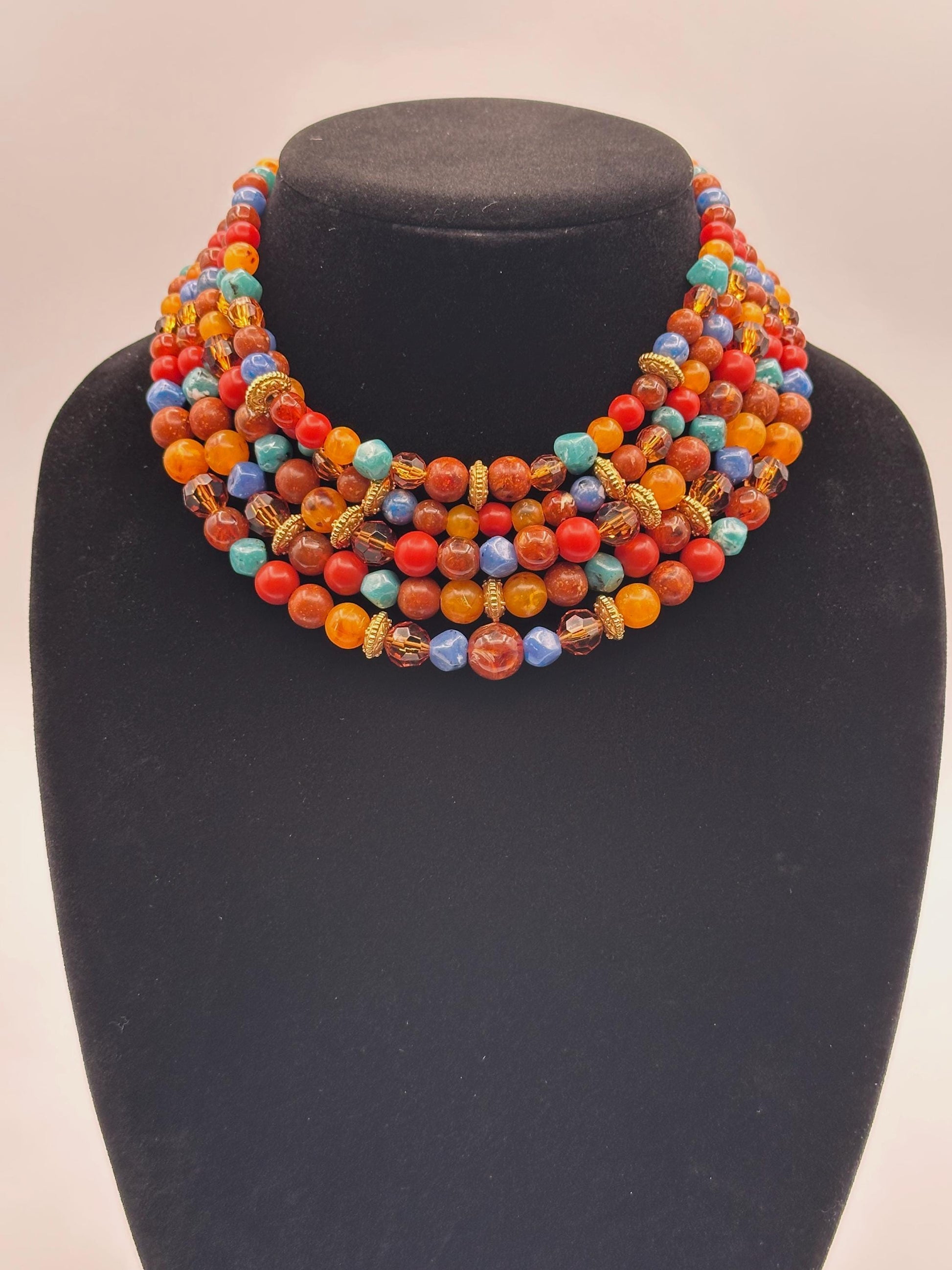 Vintage Liz Claiborne Multi-Strand Colorful Beaded Statement Necklace with Gold Accents Retro Designer Jewelry