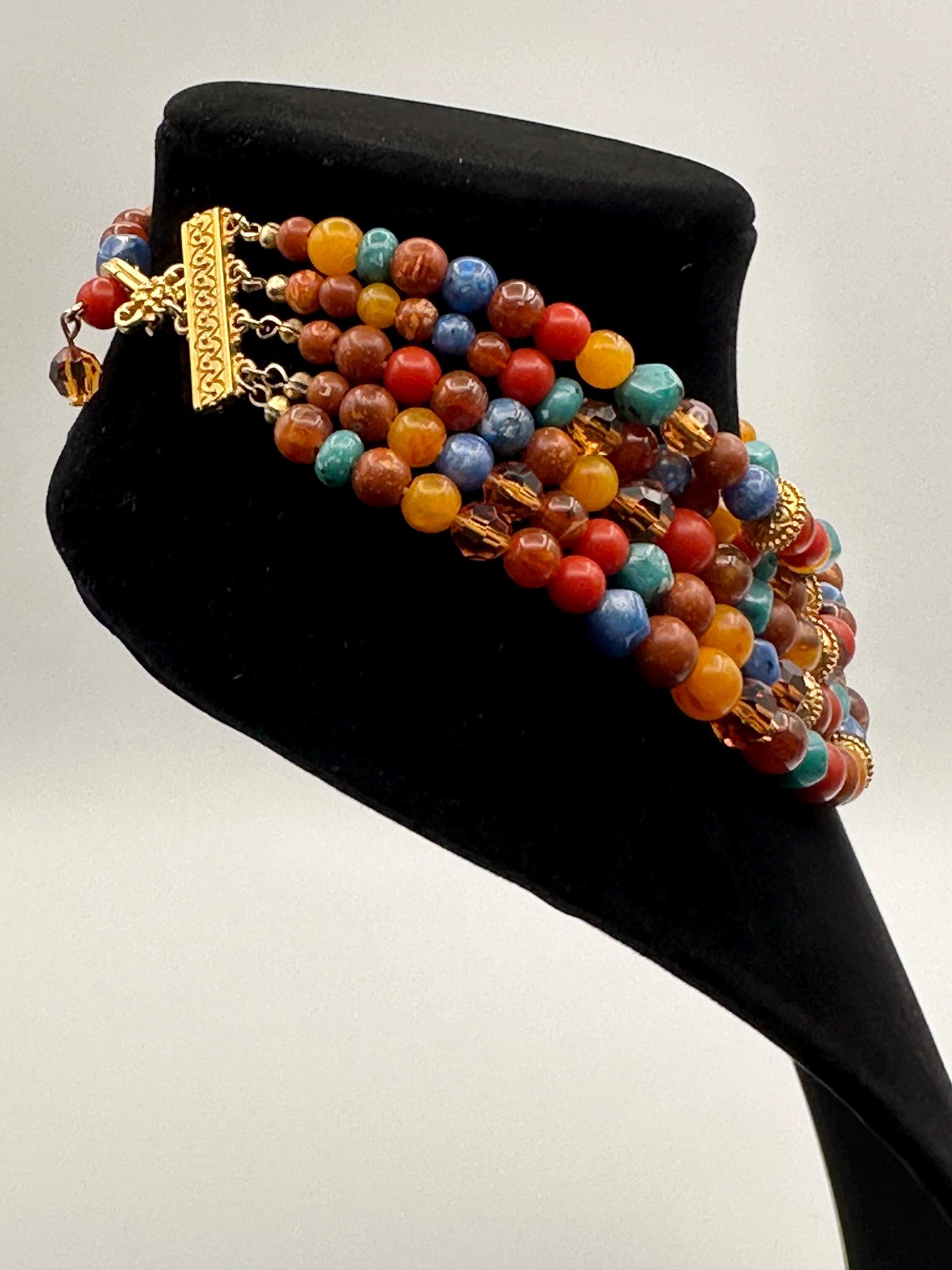 Vintage Liz Claiborne Multi-Strand Colorful Beaded Statement Necklace with Gold Accents Retro Designer Jewelry