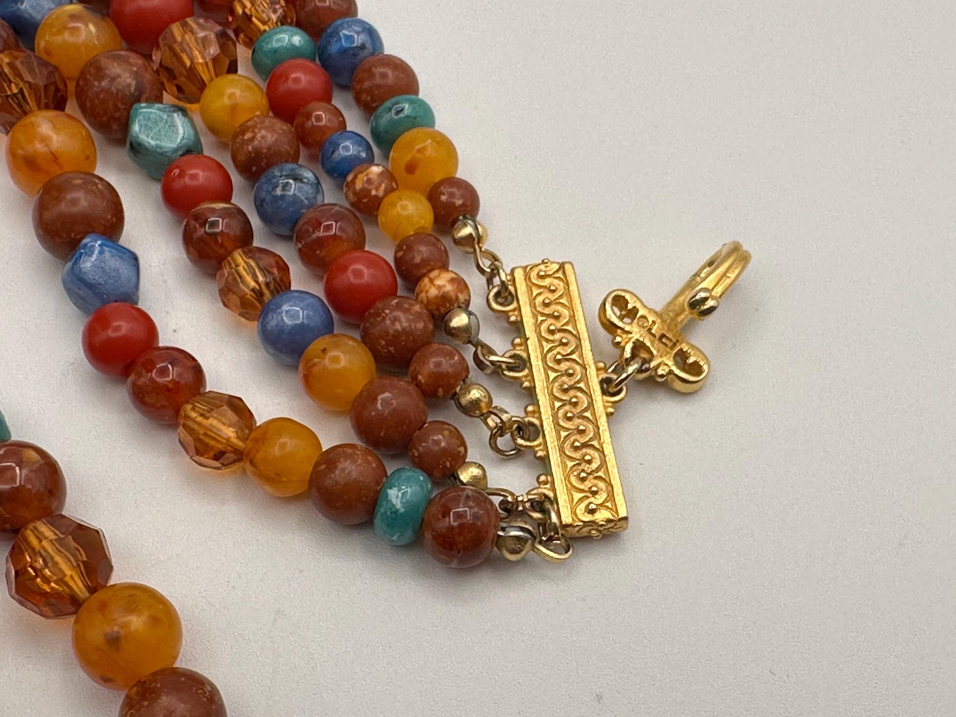 Vintage Liz Claiborne Multi-Strand Colorful Beaded Statement Necklace with Gold Accents Retro Designer Jewelry