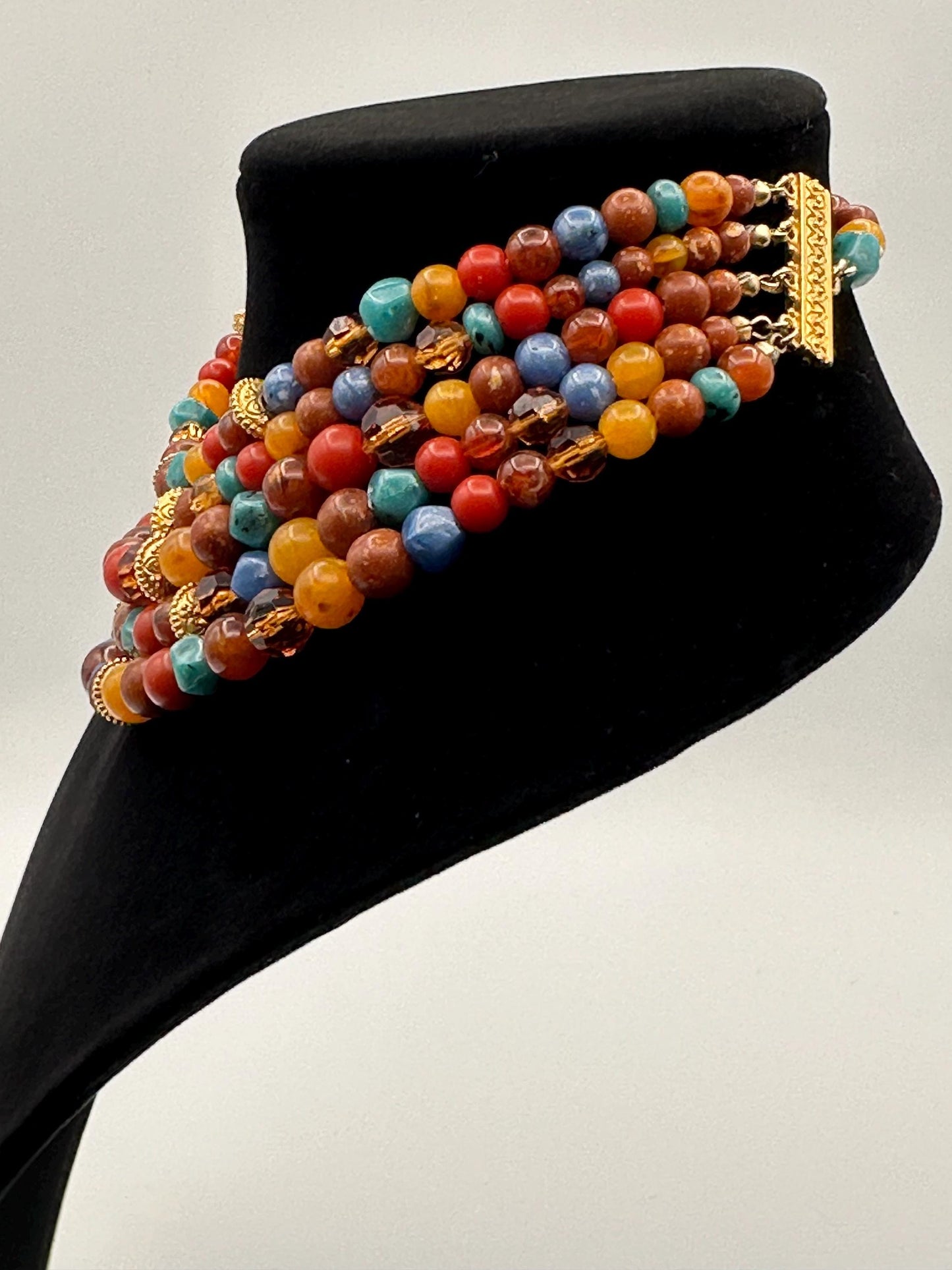 Vintage Liz Claiborne Multi-Strand Colorful Beaded Statement Necklace with Gold Accents Retro Designer Jewelry
