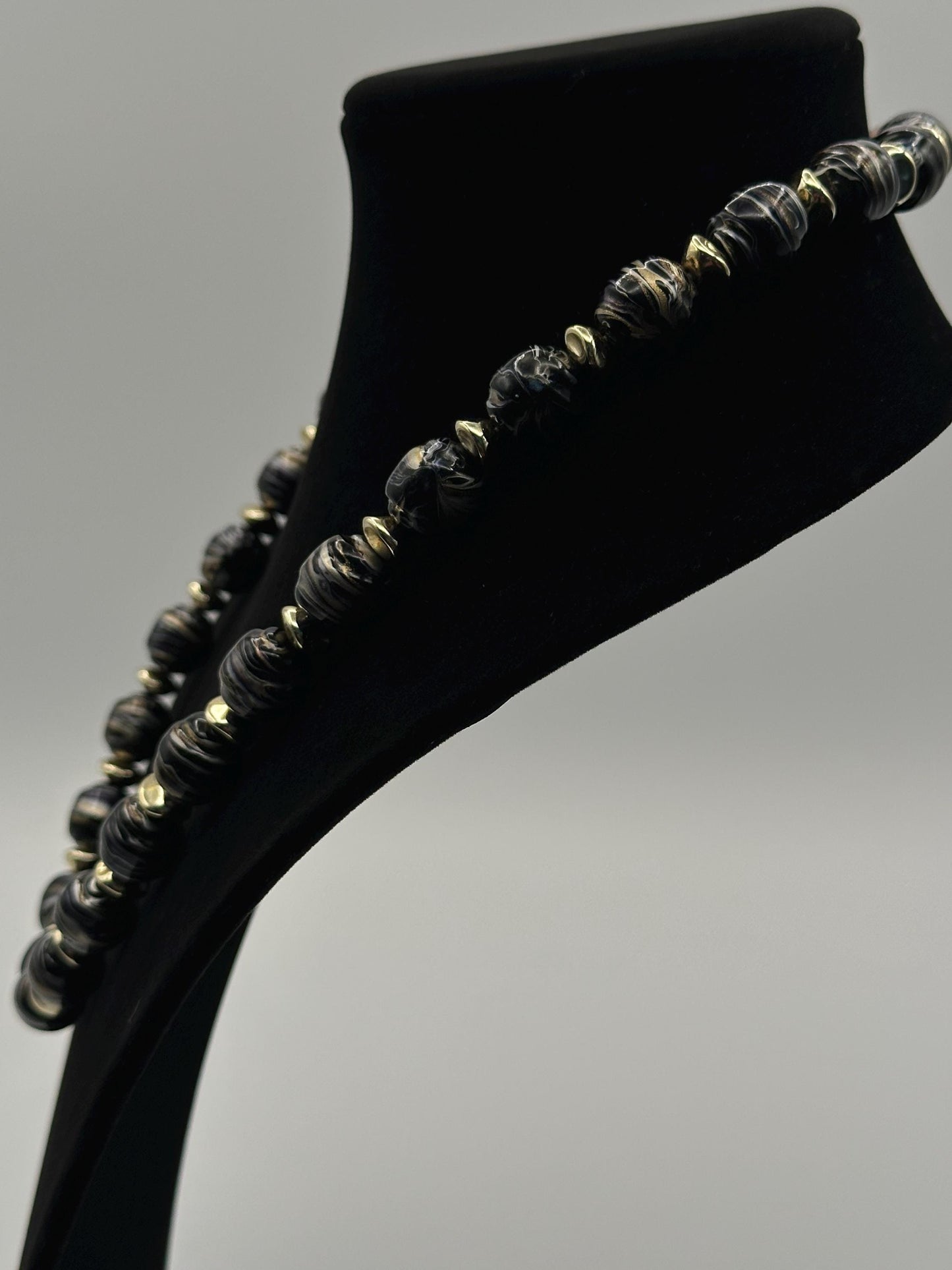 Vintage Black Gray Swirl Beaded Necklace Gold Accents Statement Jewelry Retro Elegant Boho Chic Gift