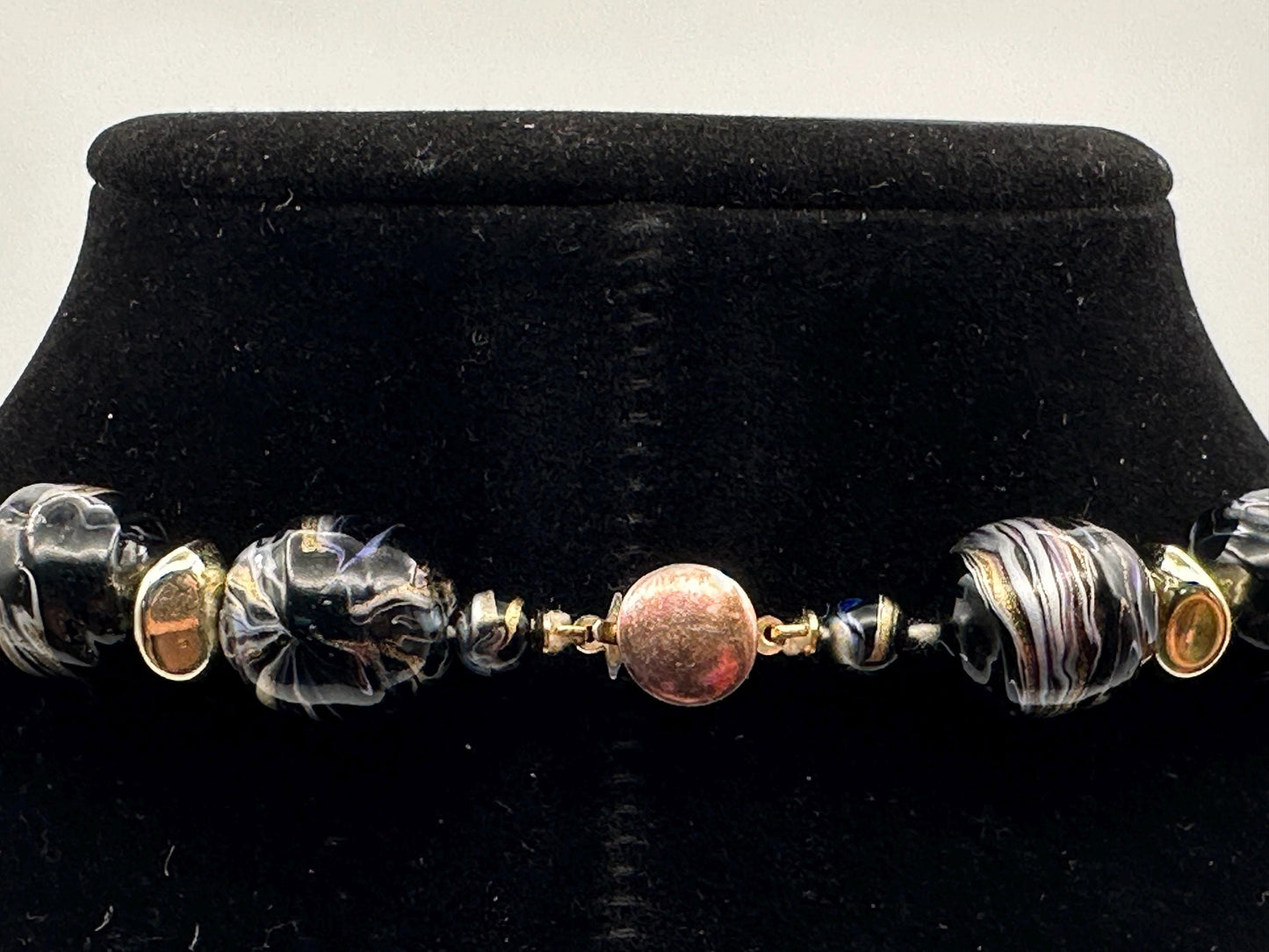 Vintage Black Gray Swirl Beaded Necklace Gold Accents Statement Jewelry Retro Elegant Boho Chic Gift