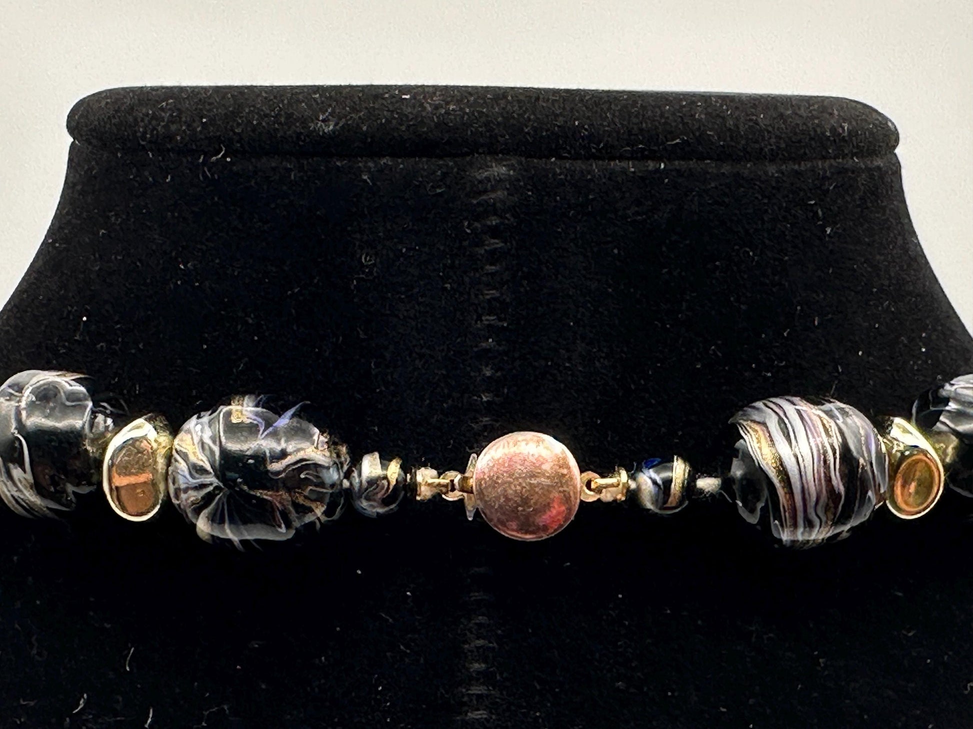Vintage Black Gray Swirl Beaded Necklace Gold Accents Statement Jewelry Retro Elegant Boho Chic Gift