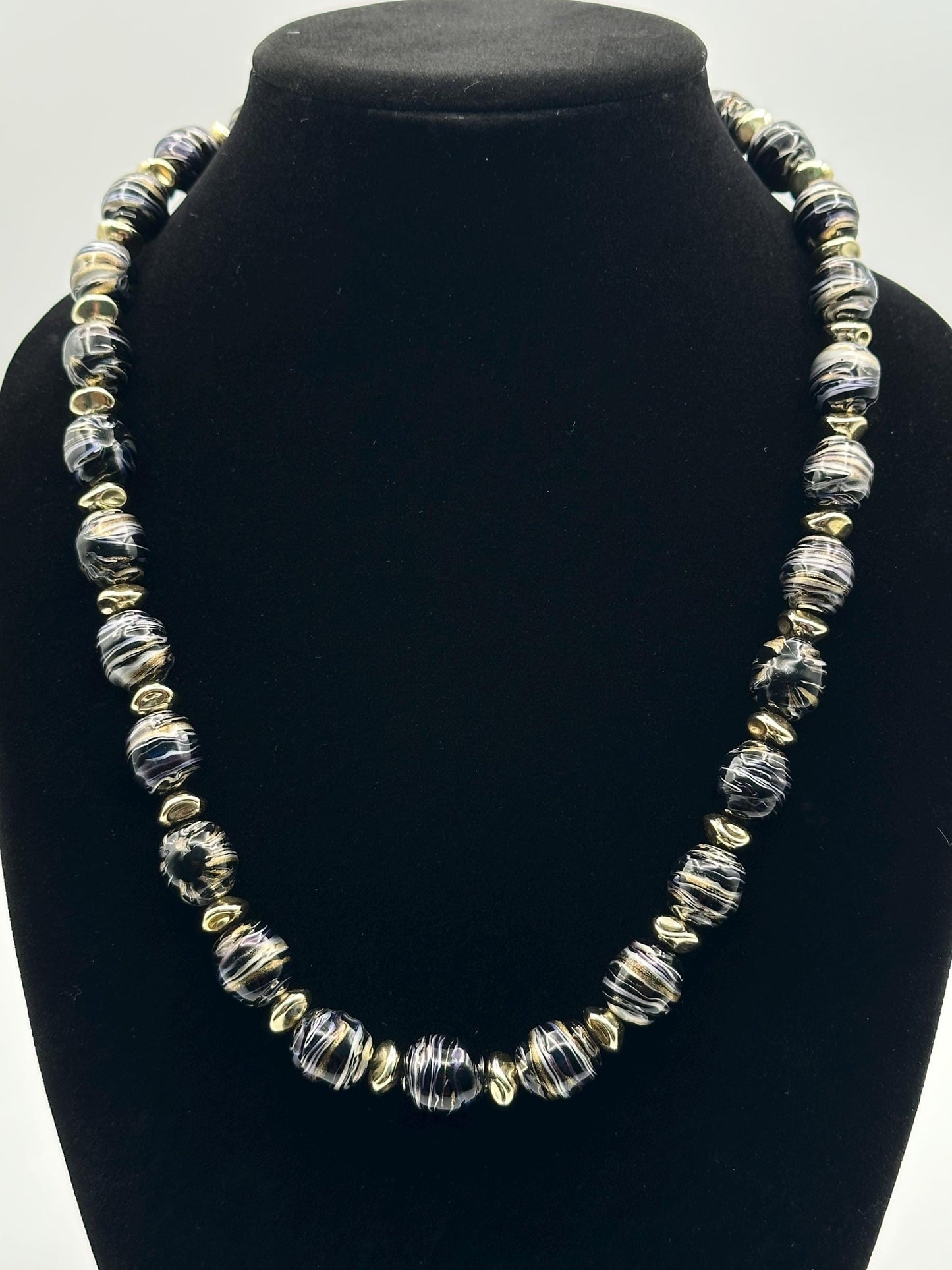 Vintage Black Gray Swirl Beaded Necklace Gold Accents Statement Jewelry Retro Elegant Boho Chic Gift