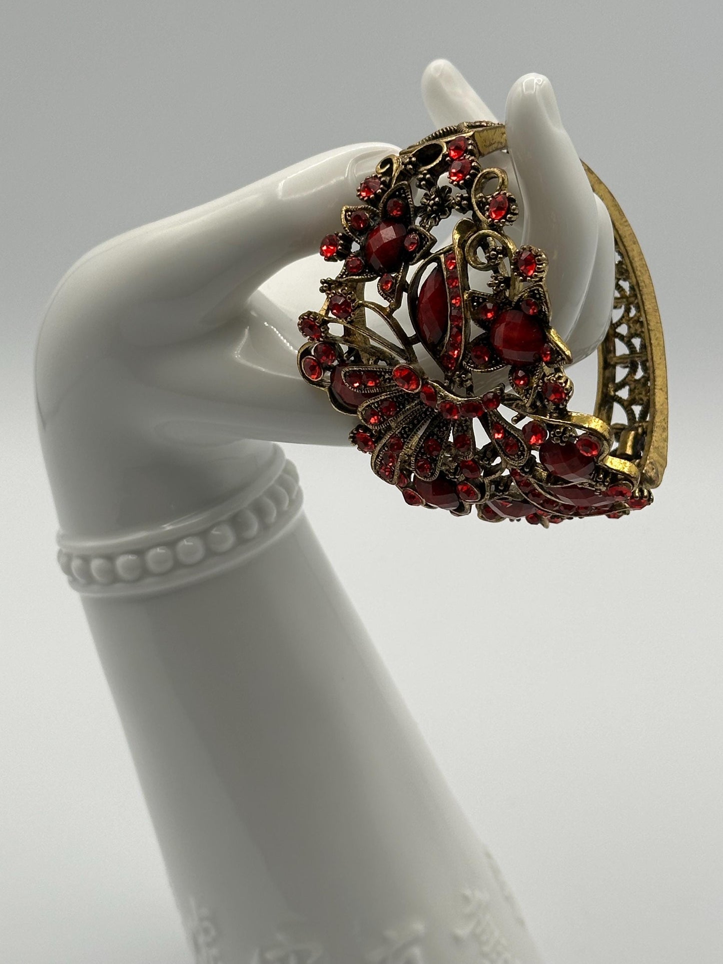 Vintage Hinged Cuff Bracelet Red Dragonfly Embellished Rhinestone Gold Tone Statement Jewelry