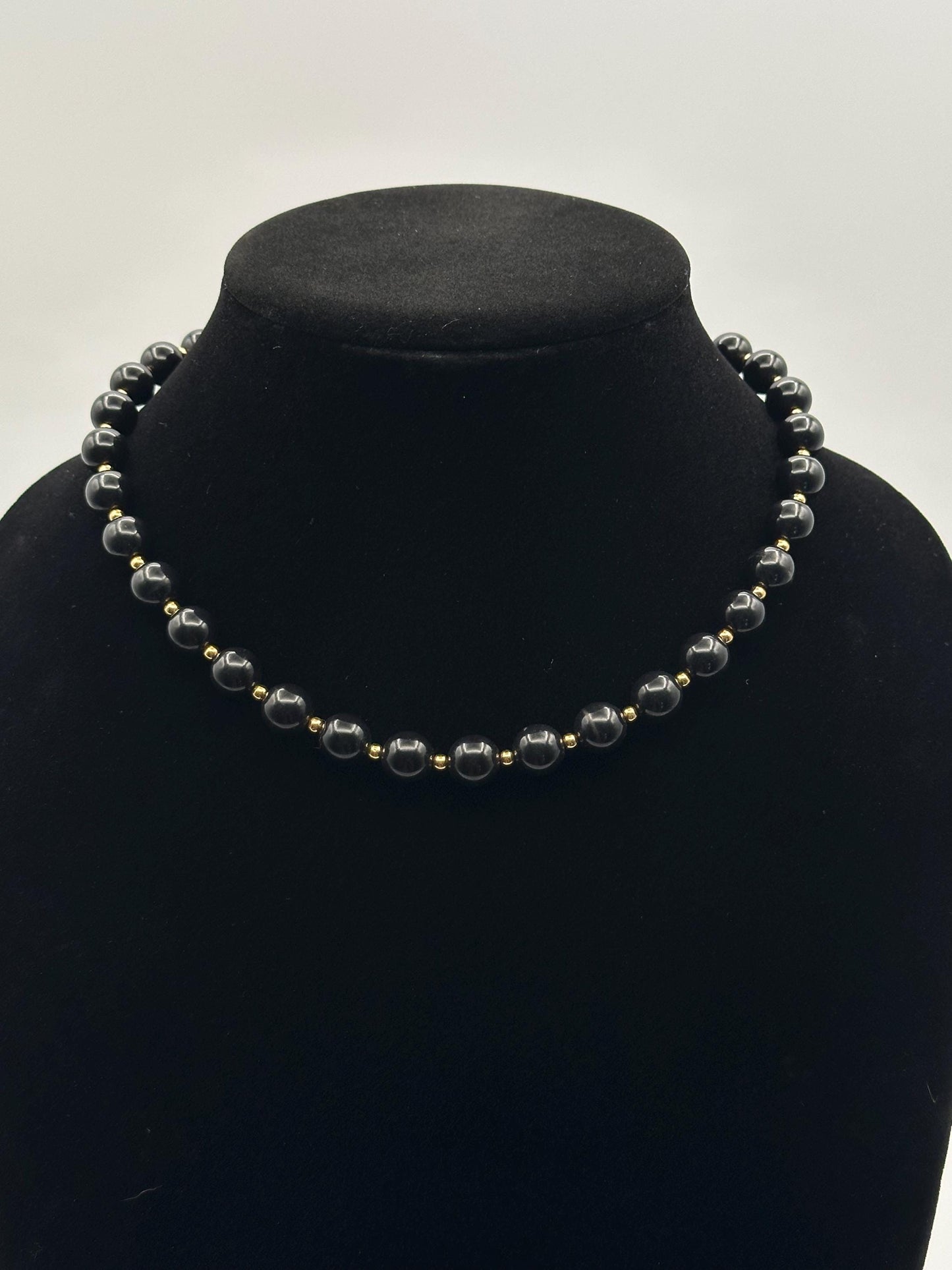 Vintage Monet Black Beaded Necklace with Gold Accents - Designer Statement Jewelry Gift for Women