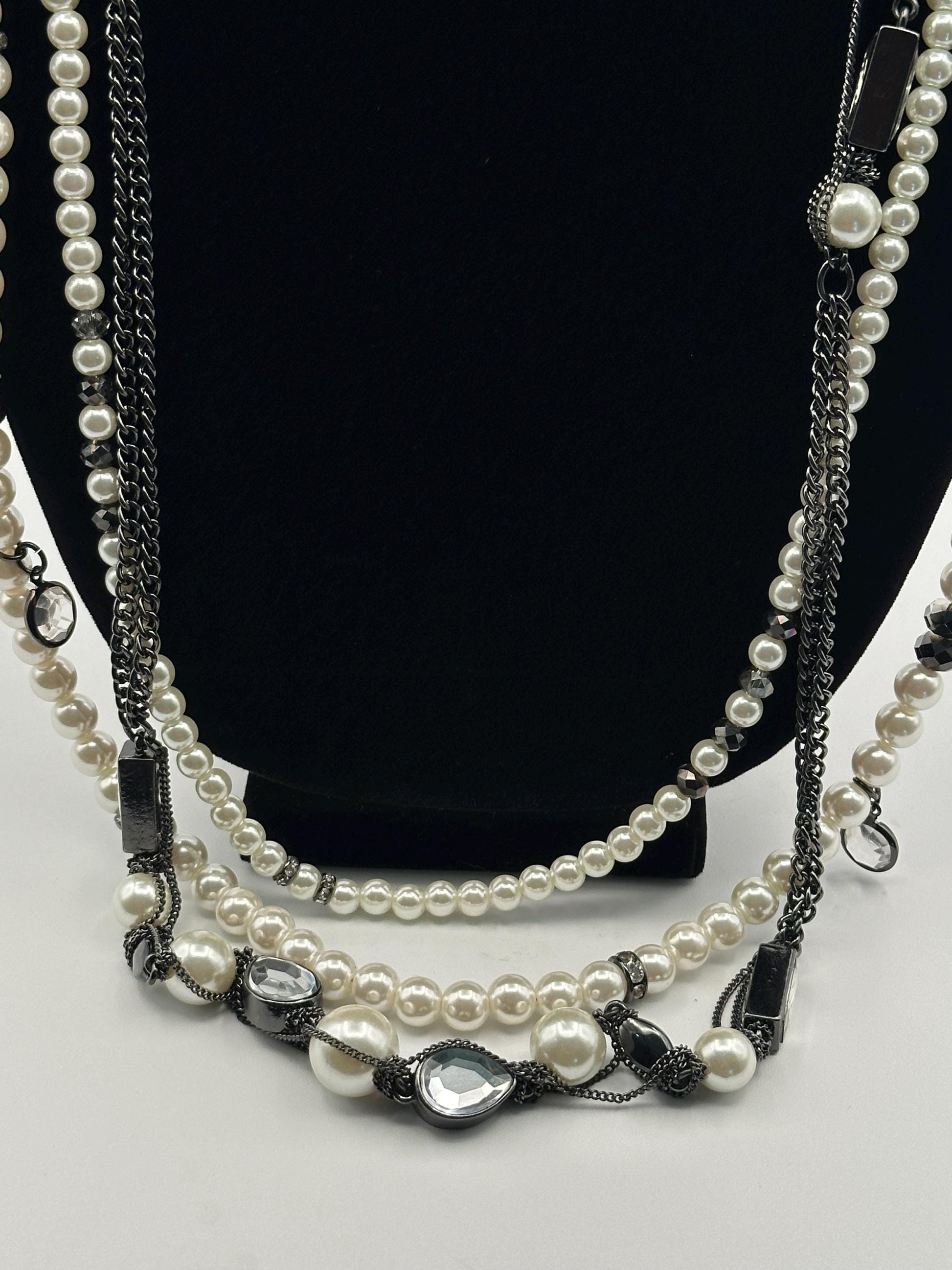Vintage White House Black Market Triple Strand Rhinestone Faux Pearl Statement Necklace WHBM Designer Jewelry