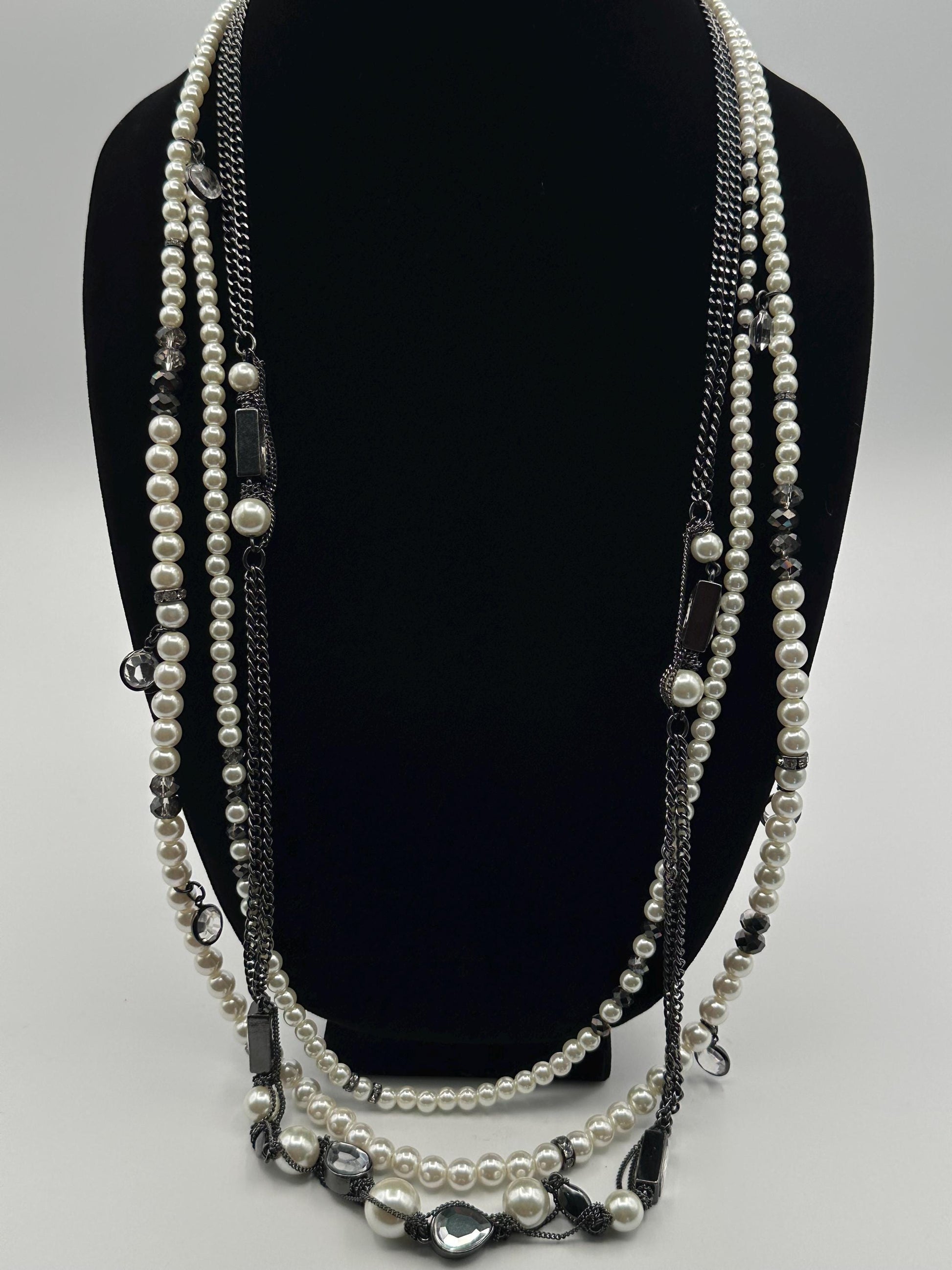 Vintage White House Black Market Triple Strand Rhinestone Faux Pearl Statement Necklace WHBM Designer Jewelry