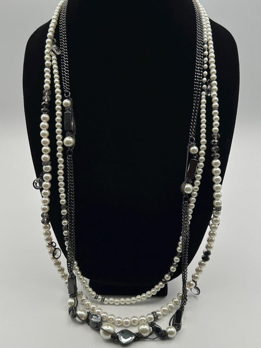 Vintage White House Black Market Triple Strand Rhinestone Faux Pearl Statement Necklace WHBM Designer Jewelry