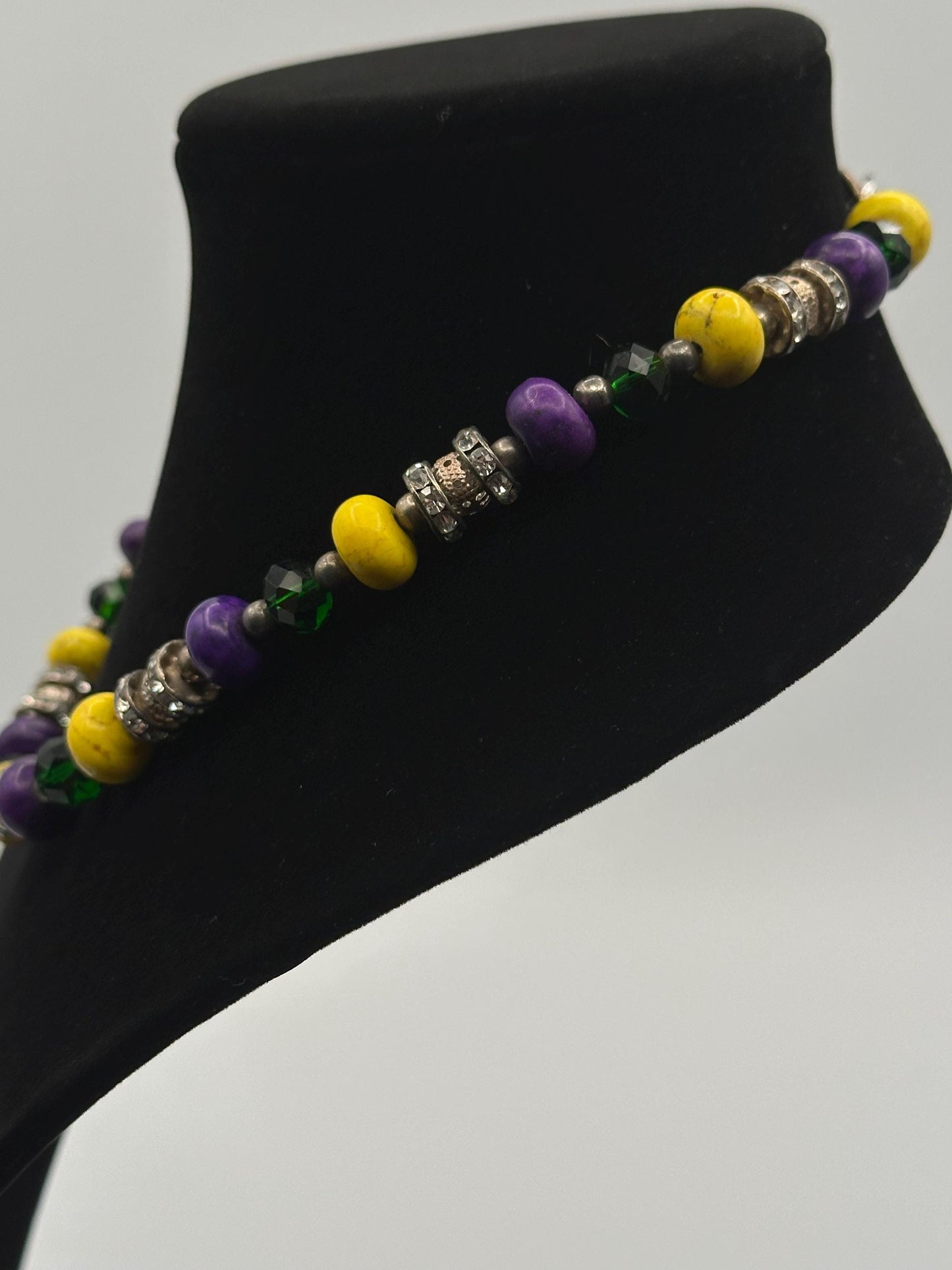 Mardi Gras Purple Yellow Beaded Necklace Green Crystal Rhinestone Spacer Charms Matching Wrap Bracelet Set
