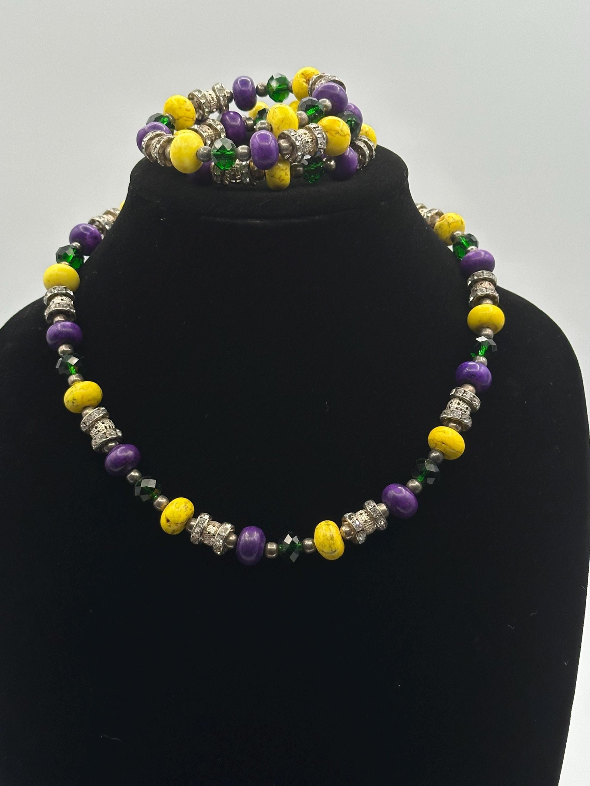 Mardi Gras Purple Yellow Beaded Necklace Green Crystal Rhinestone Spacer Charms Matching Wrap Bracelet Set
