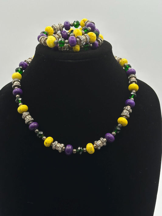 Mardi Gras Purple Yellow Beaded Necklace Green Crystal Rhinestone Spacer Charms Matching Wrap Bracelet Set